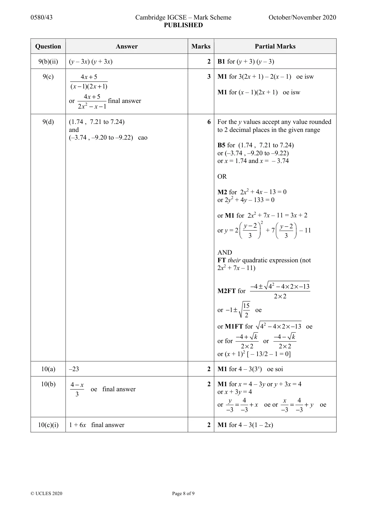 Mark scheme, page 8 of 9