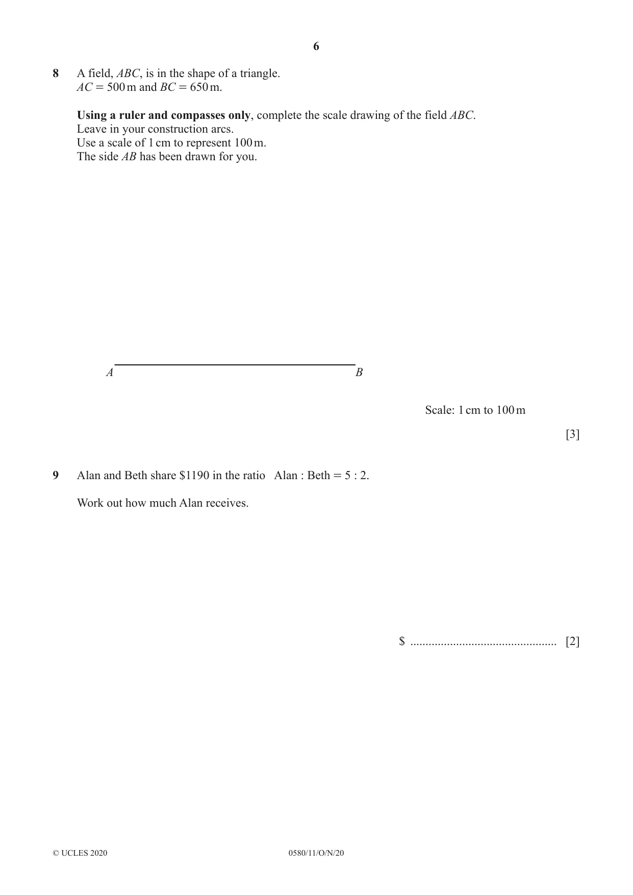 Cambridge IGCSE Mathematics 0580 2020 Oct/Nov Paper 1 · Variant 1 question paper, page 6 of 12