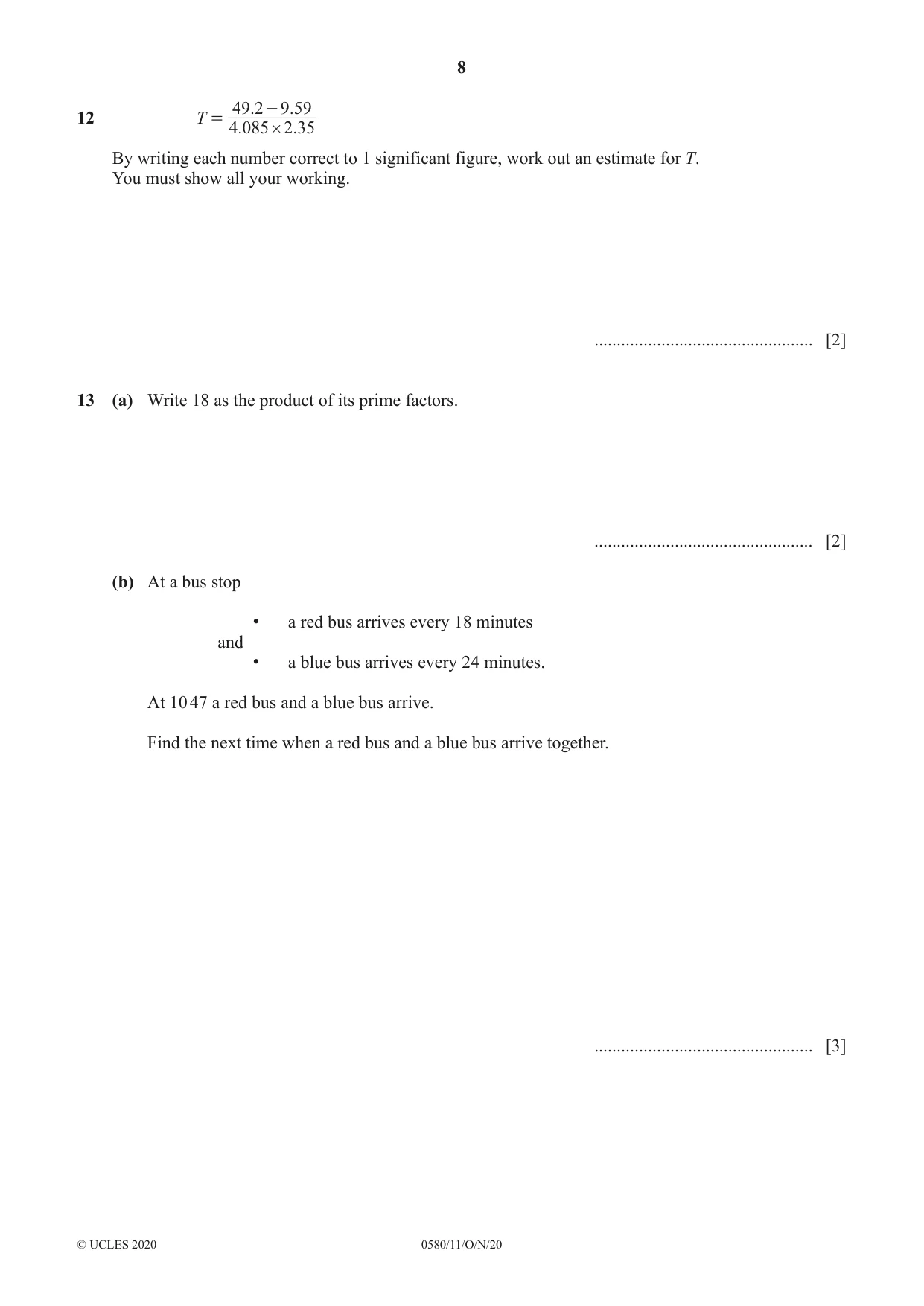 Cambridge IGCSE Mathematics 0580 2020 Oct/Nov Paper 1 · Variant 1 question paper, page 8 of 12