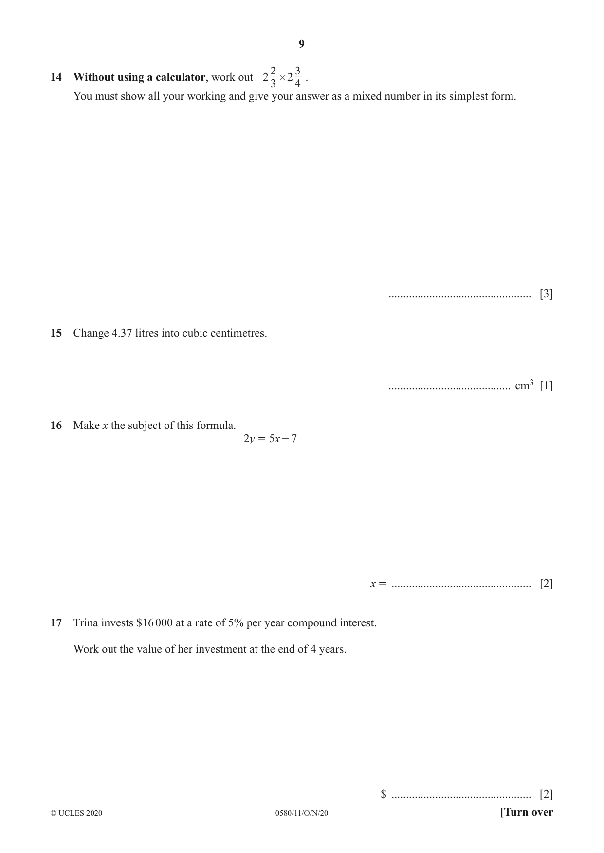 Cambridge IGCSE Mathematics 0580 2020 Oct/Nov Paper 1 · Variant 1 question paper, page 9 of 12
