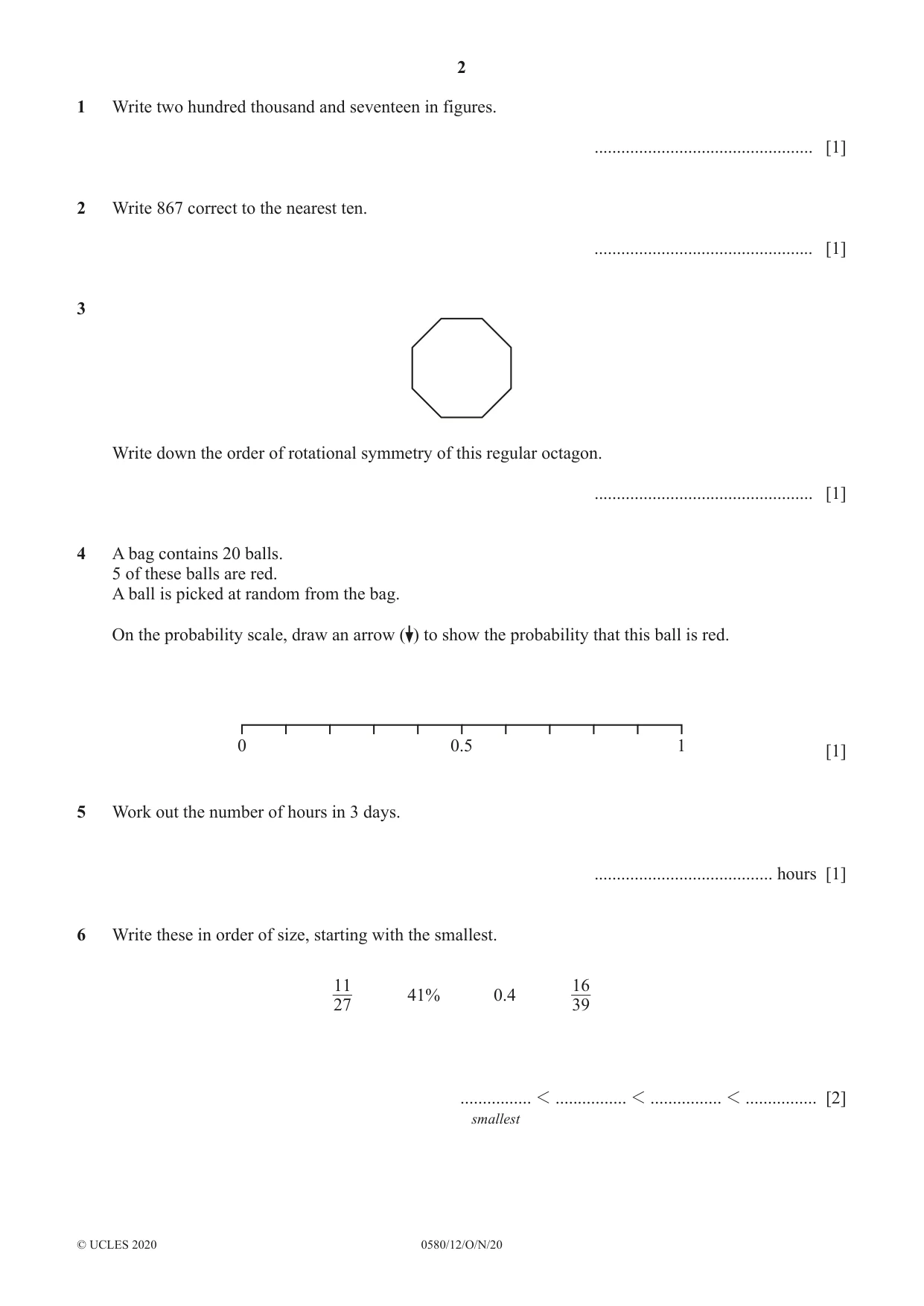 Cambridge IGCSE Mathematics 0580 2020 Oct/Nov Paper 1 · Variant 2 question paper, page 2 of 12