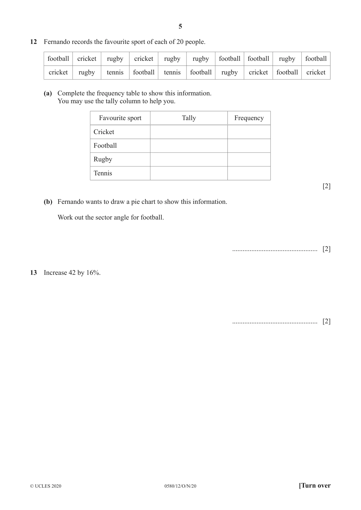 Cambridge IGCSE Mathematics 0580 2020 Oct/Nov Paper 1 · Variant 2 question paper, page 5 of 12