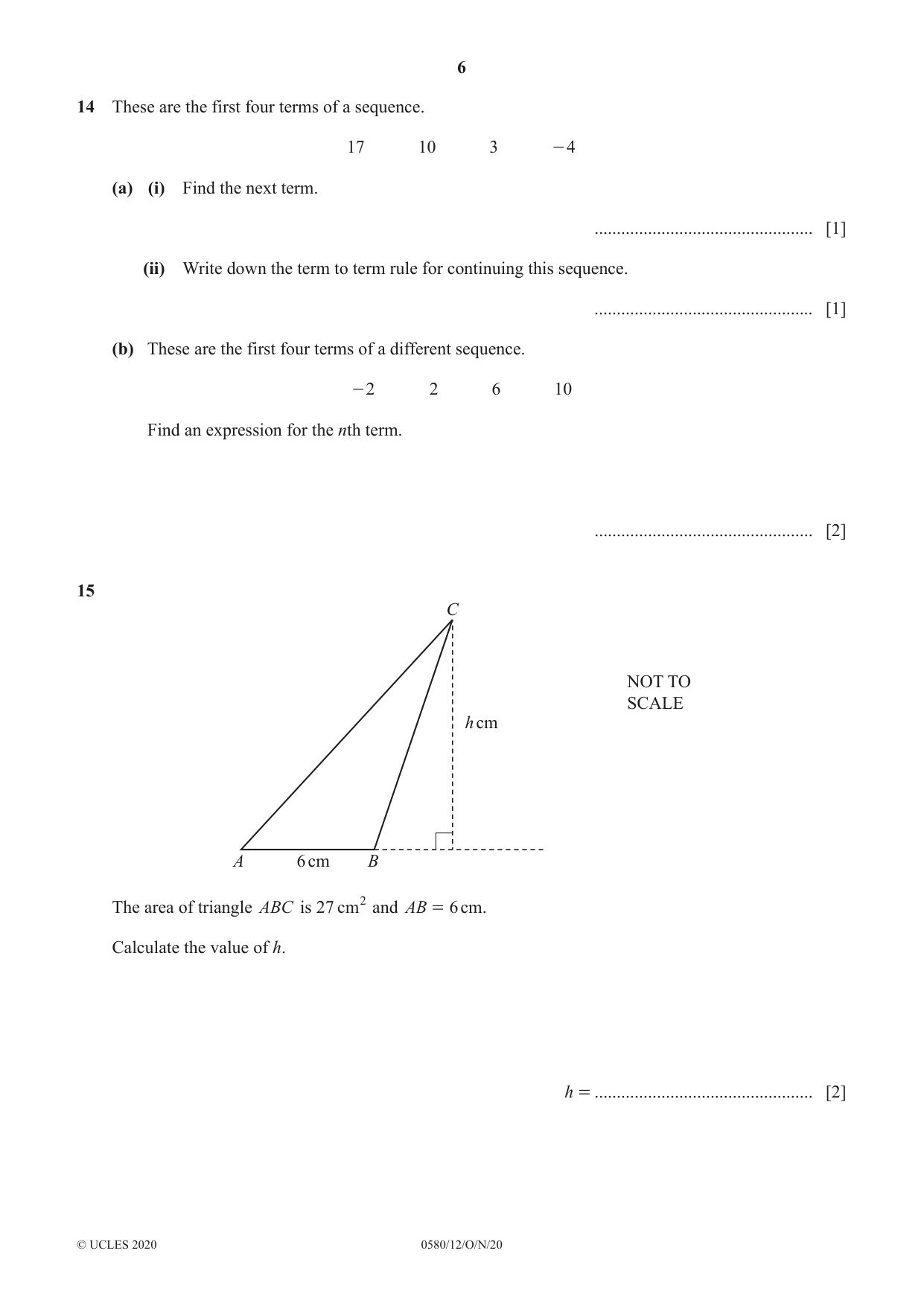 Cambridge IGCSE Mathematics 0580 2020 Oct/Nov Paper 1 · Variant 2 question paper, page 6 of 12
