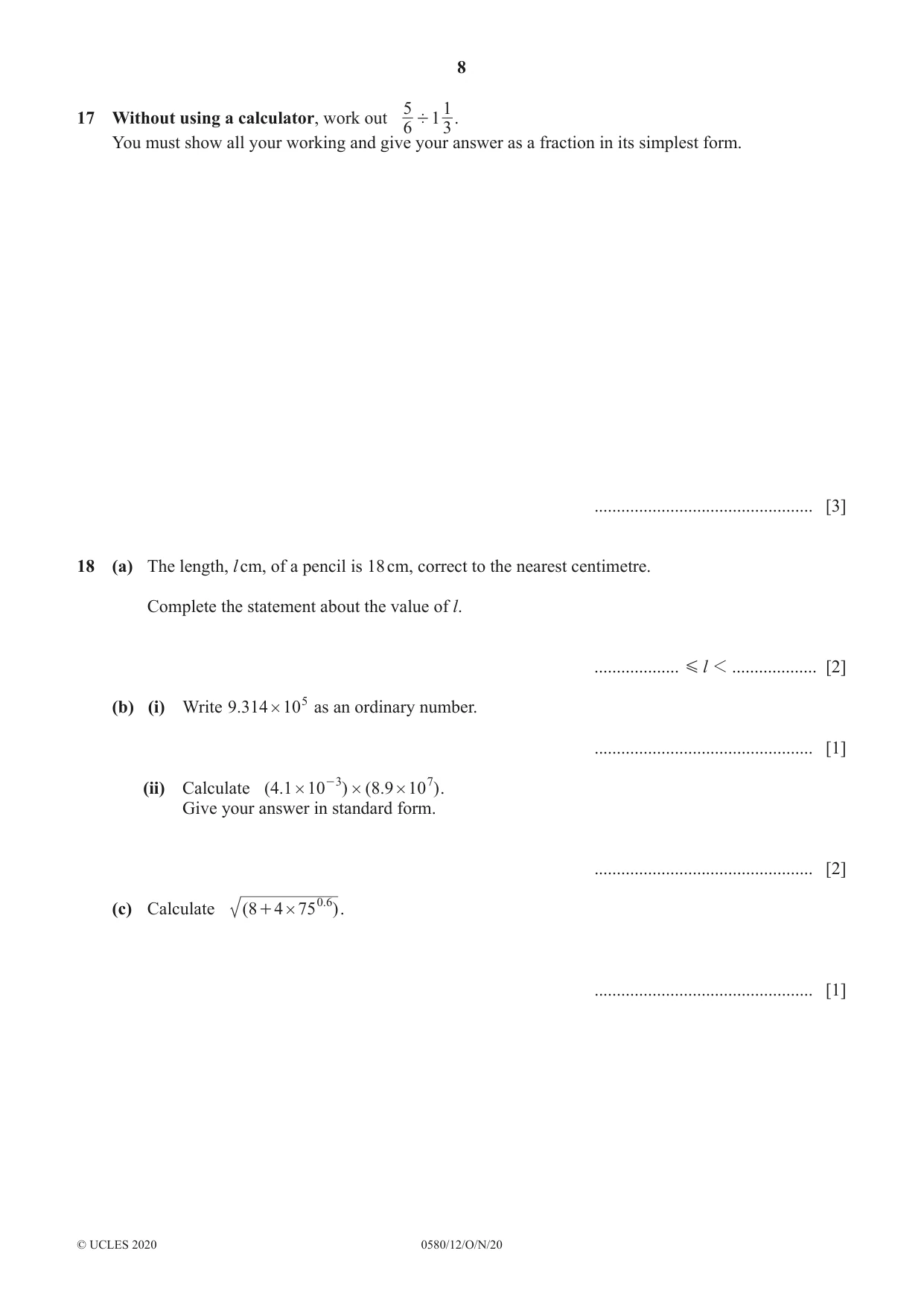 Cambridge IGCSE Mathematics 0580 2020 Oct/Nov Paper 1 · Variant 2 question paper, page 8 of 12