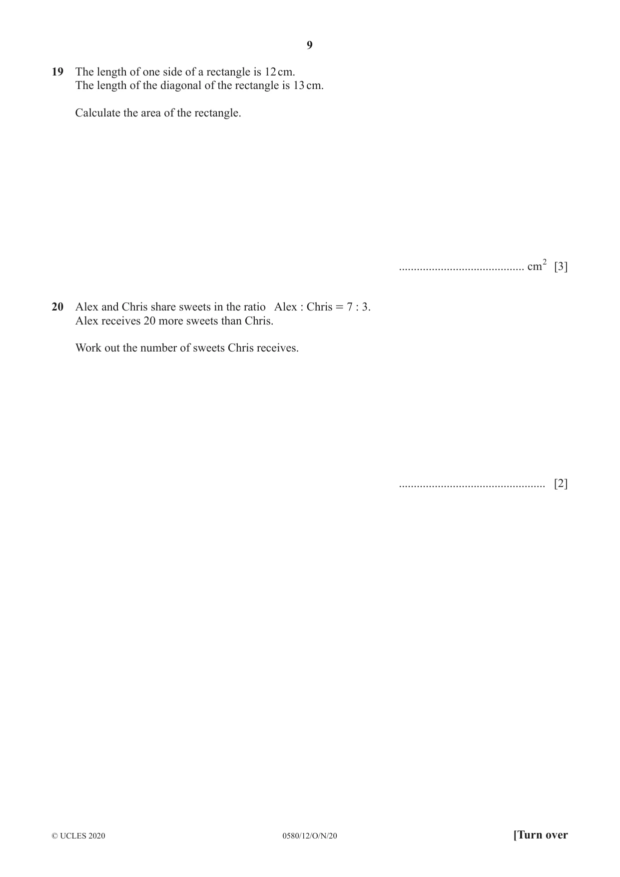 Cambridge IGCSE Mathematics 0580 2020 Oct/Nov Paper 1 · Variant 2 question paper, page 9 of 12