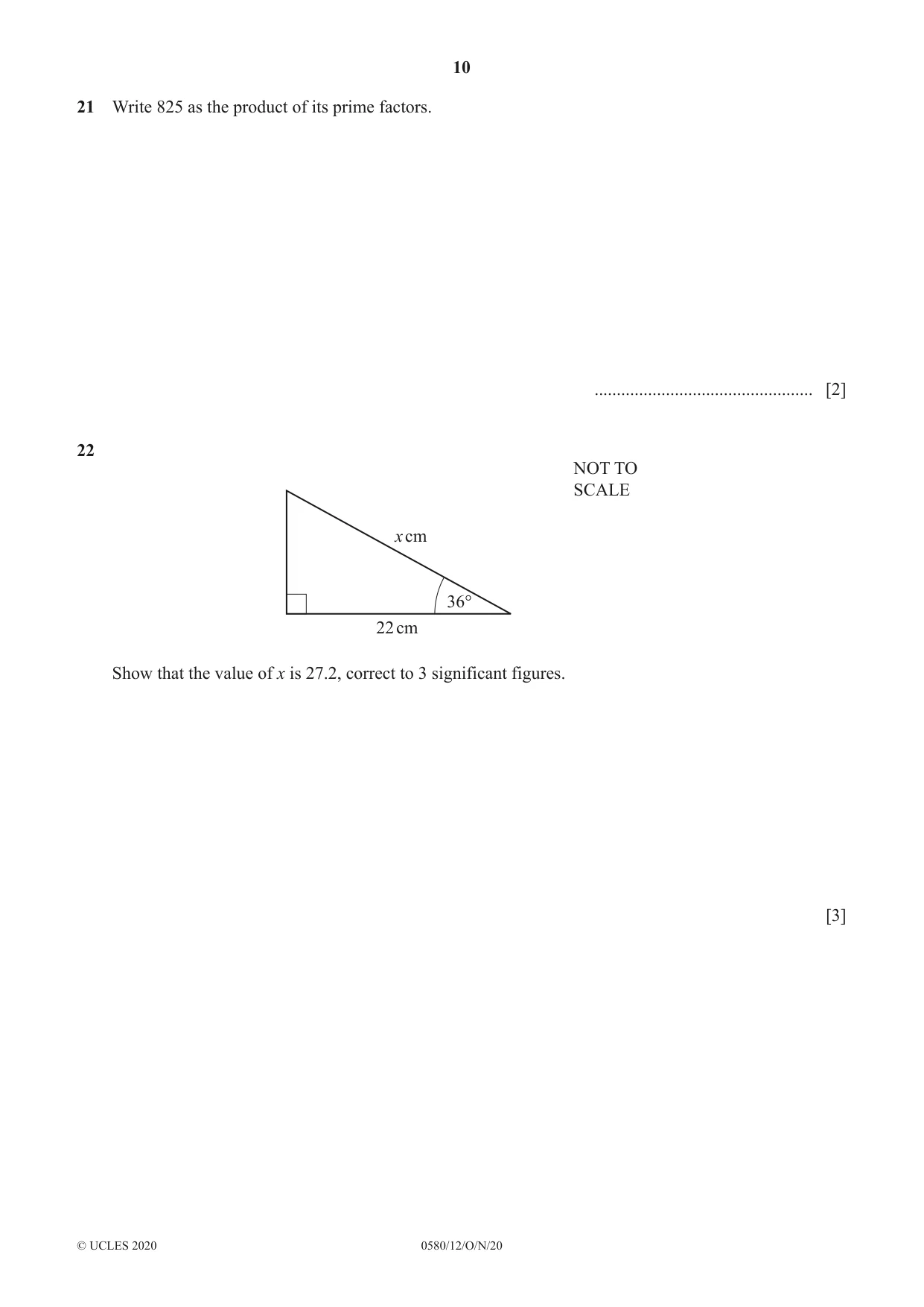 Cambridge IGCSE Mathematics 0580 2020 Oct/Nov Paper 1 · Variant 2 question paper, page 10 of 12