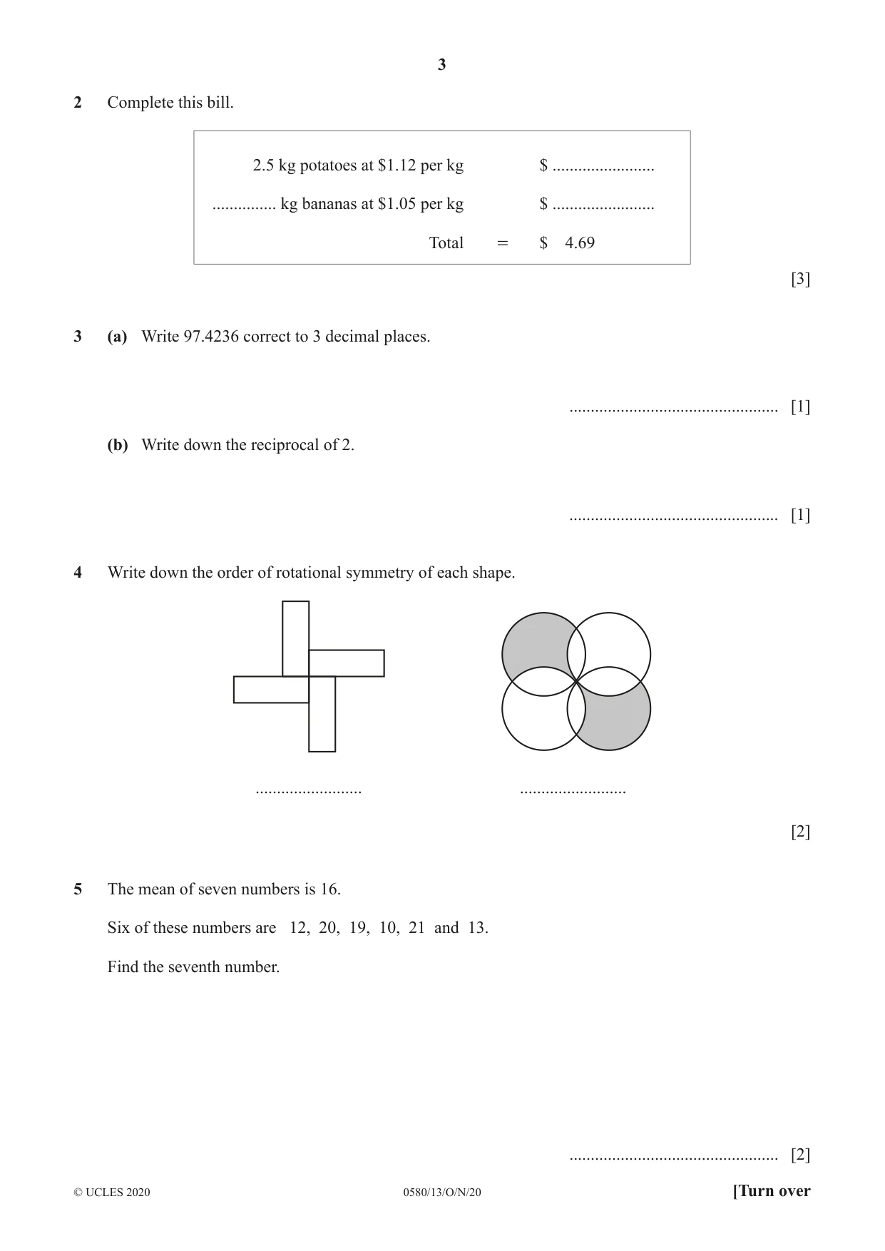 Cambridge IGCSE Mathematics 0580 2020 Oct/Nov Paper 1 · Variant 3 question paper, page 3 of 12