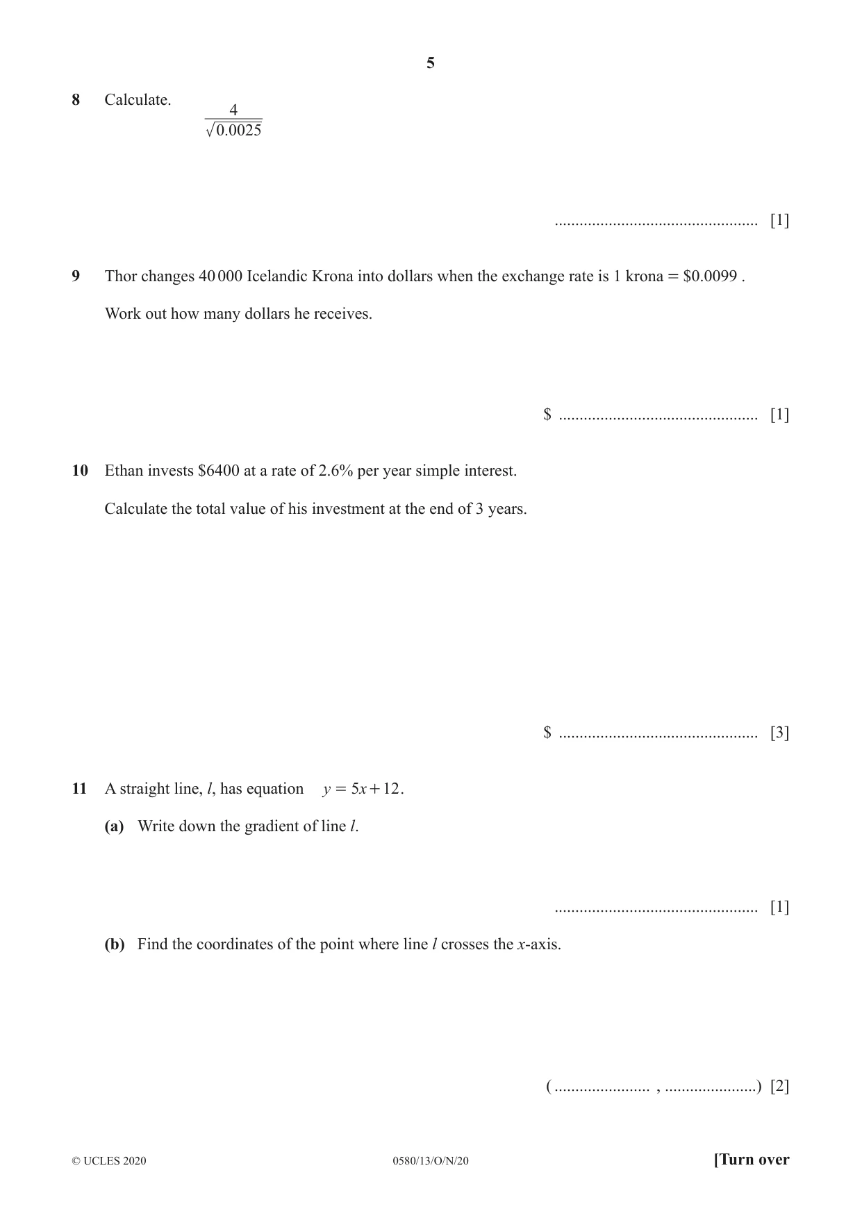 Cambridge IGCSE Mathematics 0580 2020 Oct/Nov Paper 1 · Variant 3 question paper, page 5 of 12
