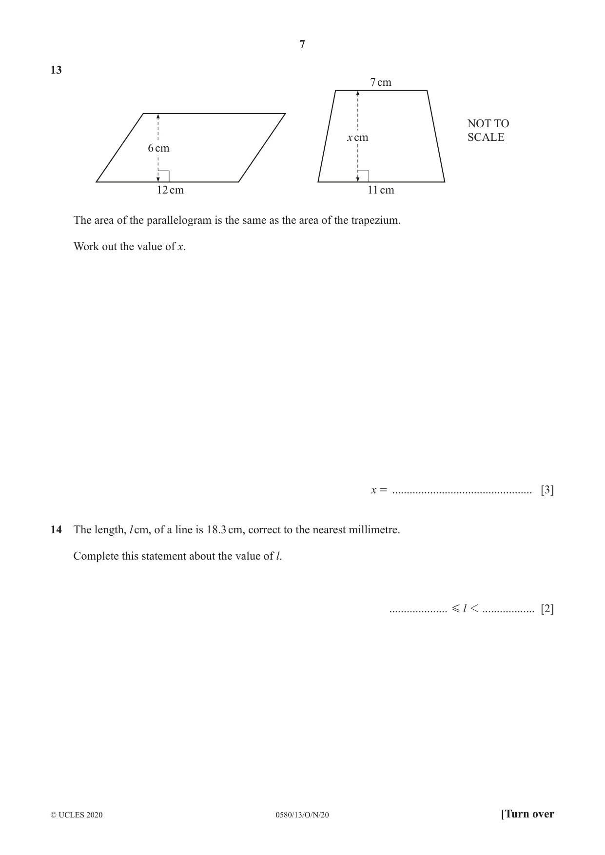 Cambridge IGCSE Mathematics 0580 2020 Oct/Nov Paper 1 · Variant 3 question paper, page 7 of 12