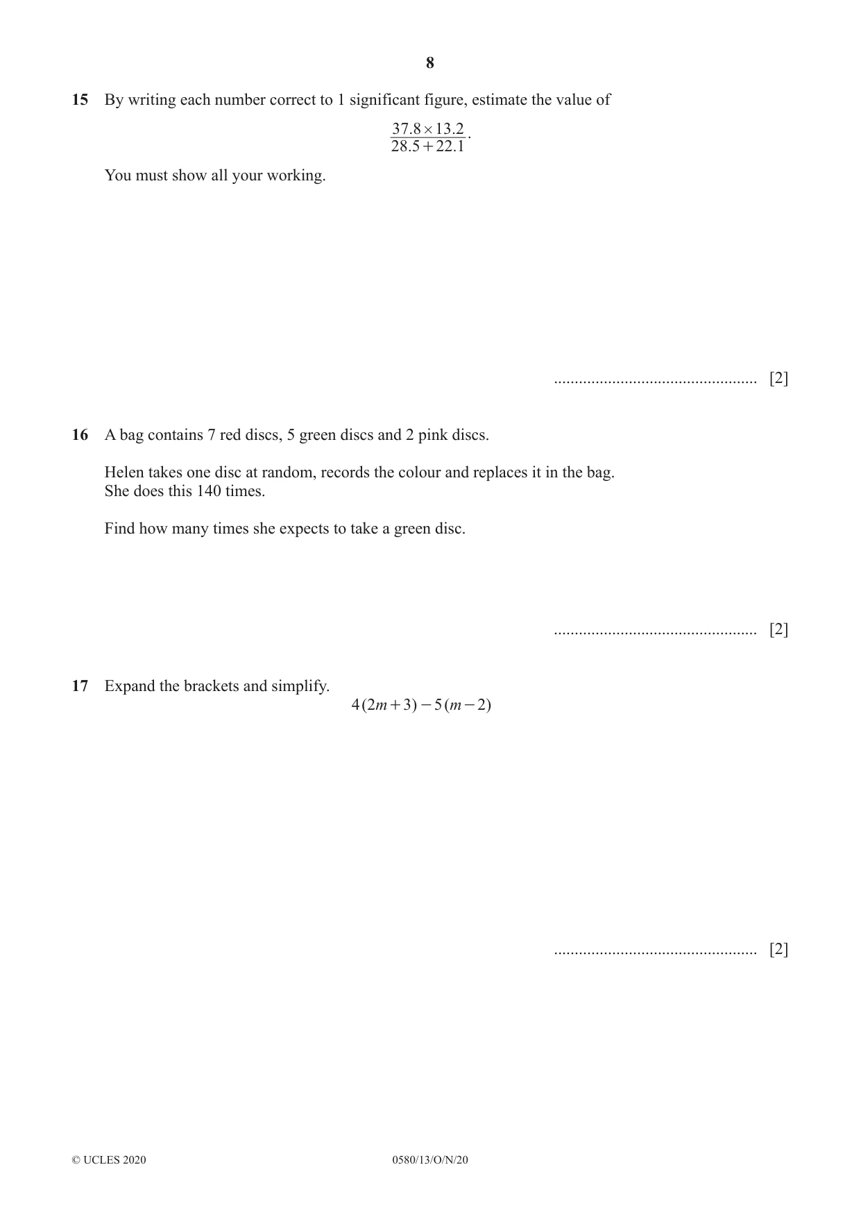 Cambridge IGCSE Mathematics 0580 2020 Oct/Nov Paper 1 · Variant 3 question paper, page 8 of 12