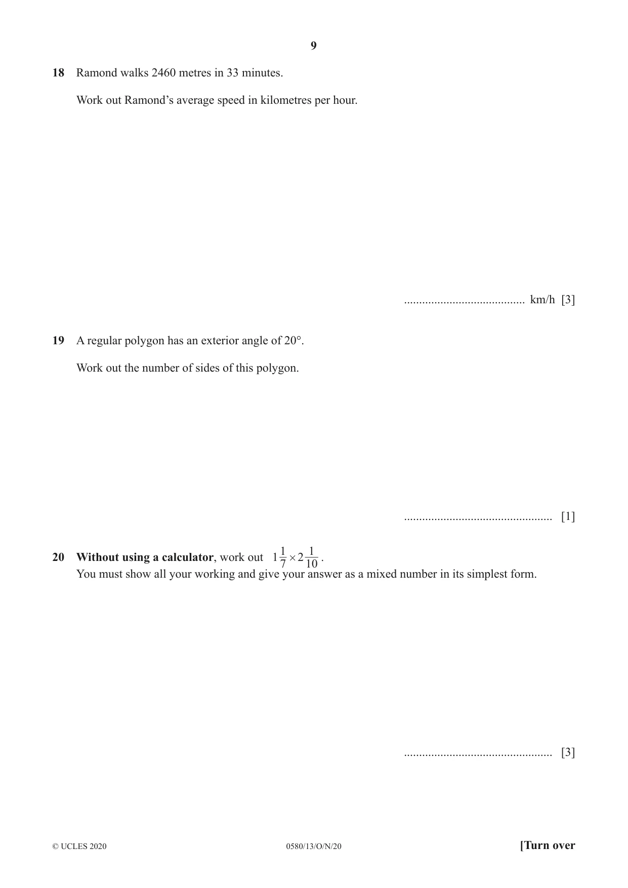 Cambridge IGCSE Mathematics 0580 2020 Oct/Nov Paper 1 · Variant 3 question paper, page 9 of 12