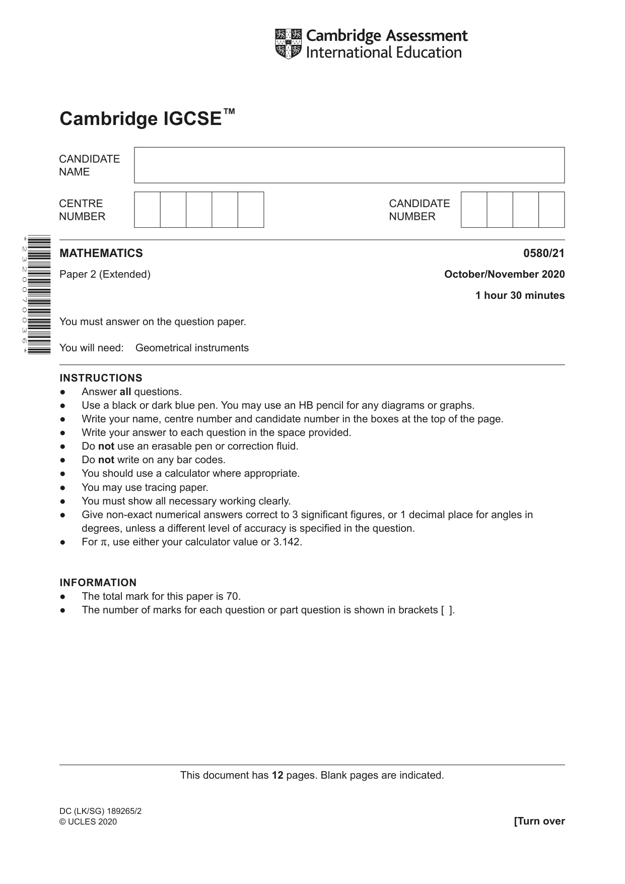 Cambridge IGCSE Mathematics 0580 2020 Oct/Nov Paper 2 · Variant 1 question paper, page 1 of 12