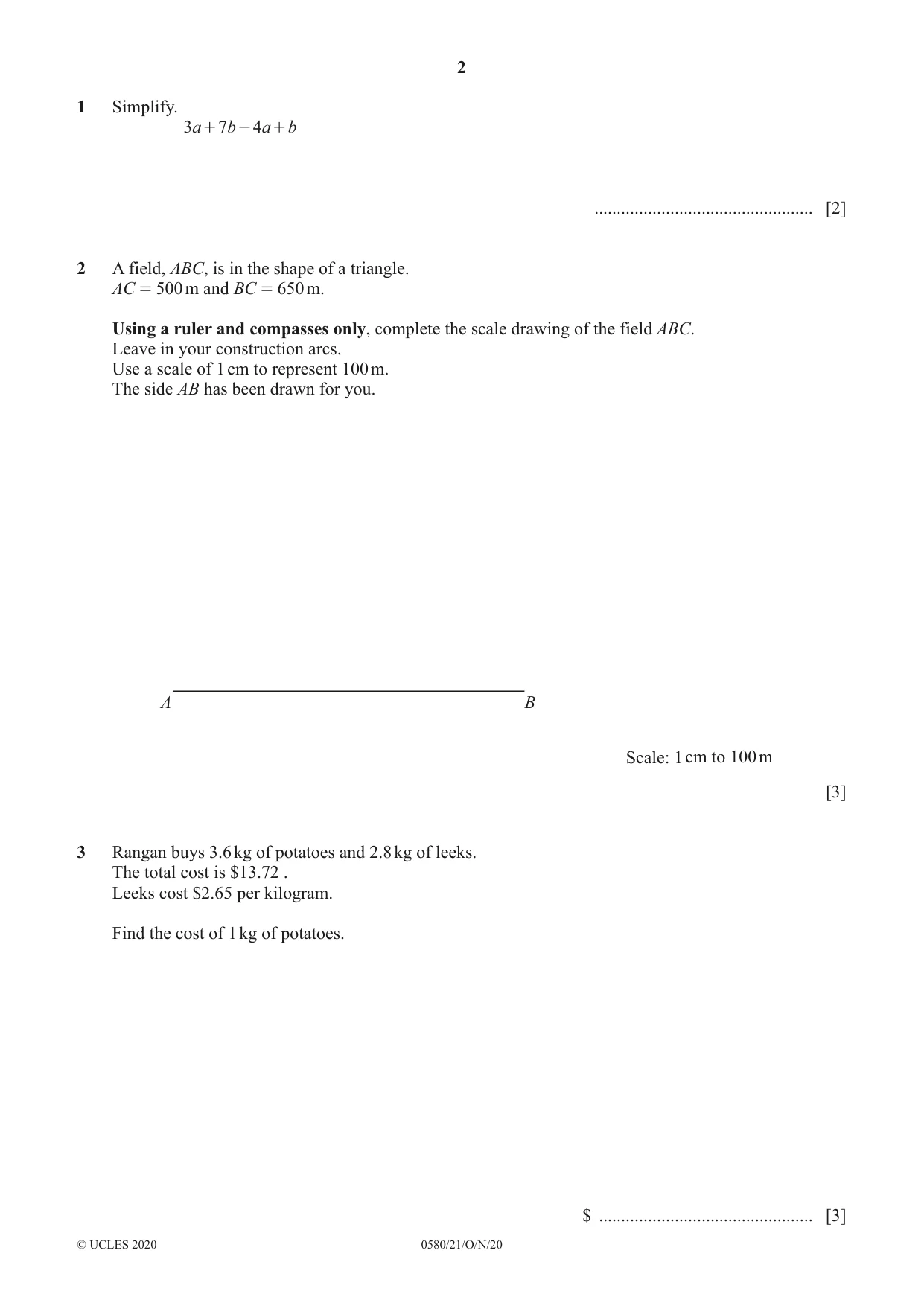 Cambridge IGCSE Mathematics 0580 2020 Oct/Nov Paper 2 · Variant 1 question paper, page 2 of 12