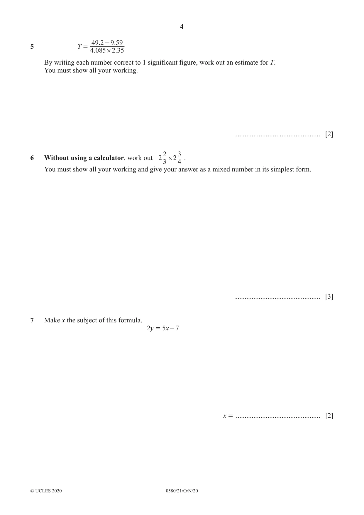 Cambridge IGCSE Mathematics 0580 2020 Oct/Nov Paper 2 · Variant 1 question paper, page 4 of 12