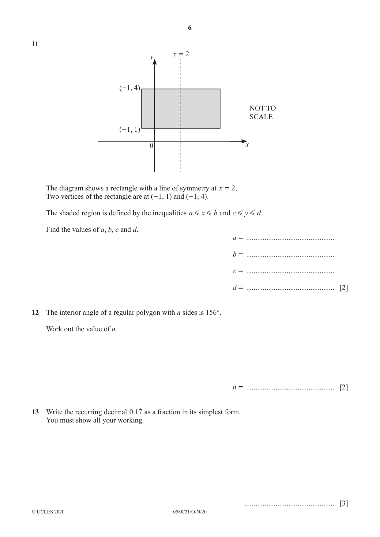 Cambridge IGCSE Mathematics 0580 2020 Oct/Nov Paper 2 · Variant 1 question paper, page 6 of 12