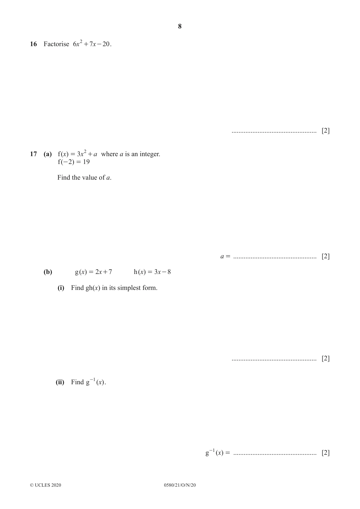 Cambridge IGCSE Mathematics 0580 2020 Oct/Nov Paper 2 · Variant 1 question paper, page 8 of 12