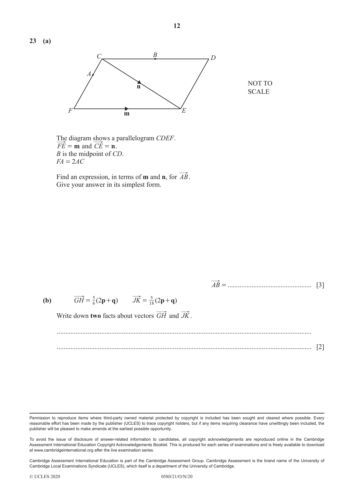 Cambridge IGCSE Mathematics 0580 2020 Oct/Nov Paper 2 · Variant 1 question paper, page 12 of 12