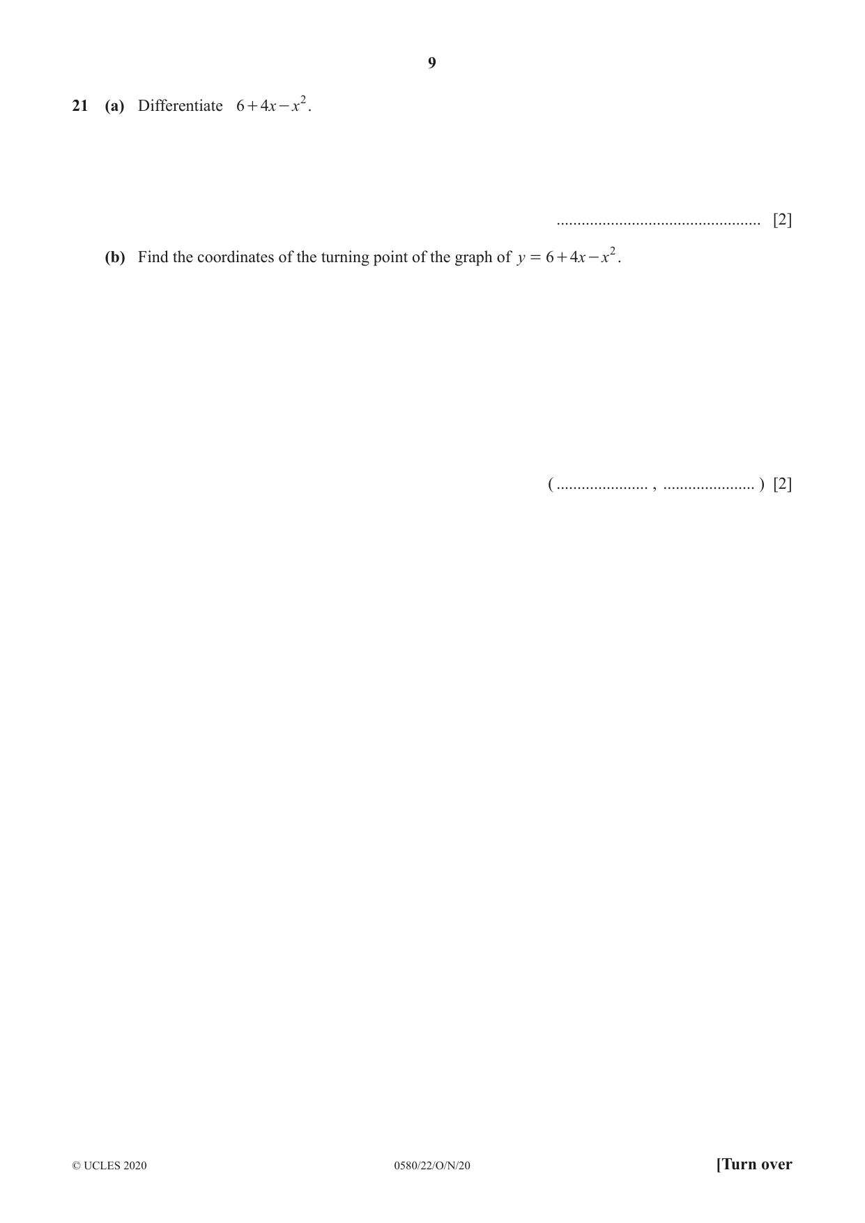 Cambridge IGCSE Mathematics 0580 2020 Oct/Nov Paper 2 · Variant 2 question paper, page 9 of 12