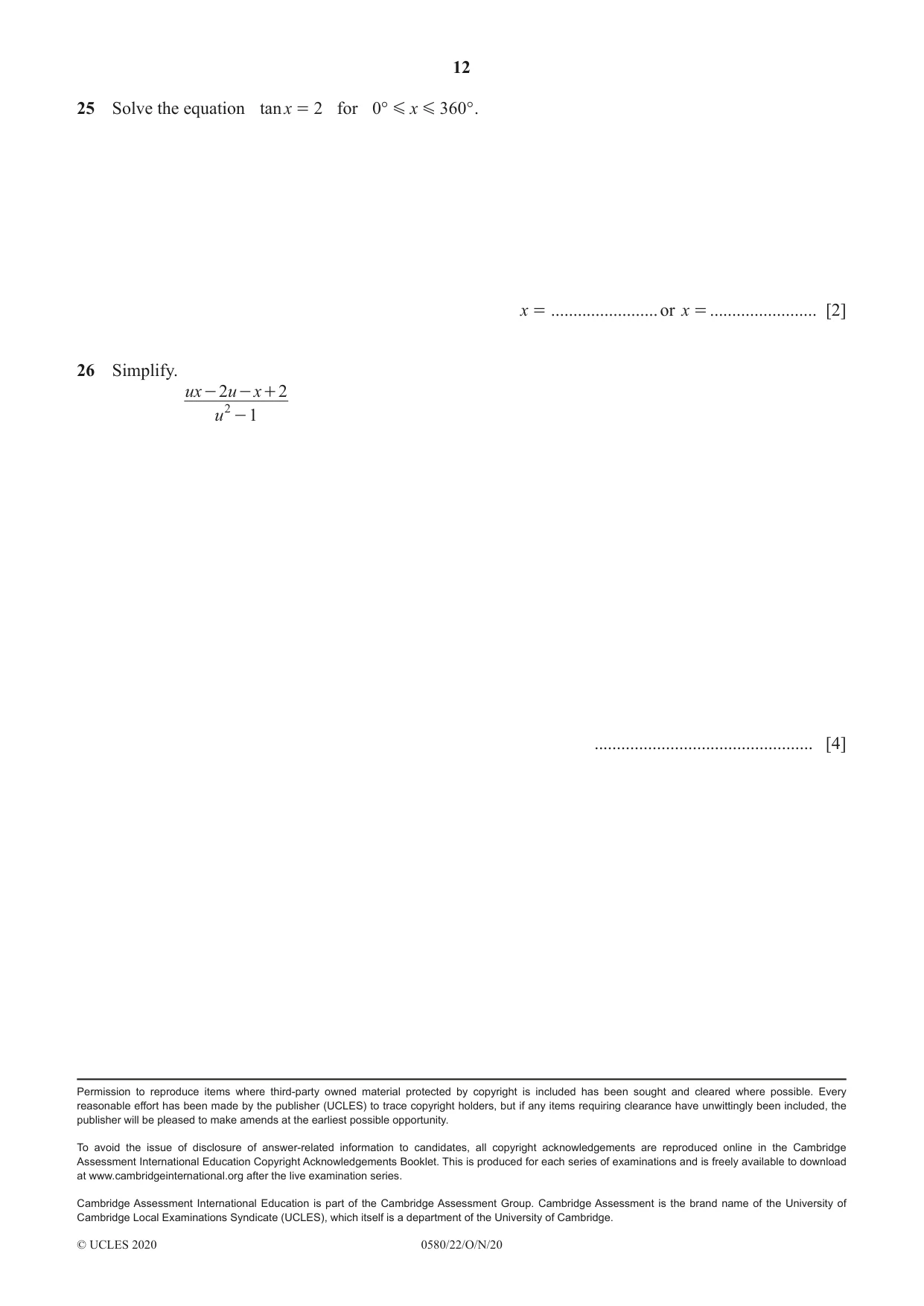 Cambridge IGCSE Mathematics 0580 2020 Oct/Nov Paper 2 · Variant 2 question paper, page 12 of 12