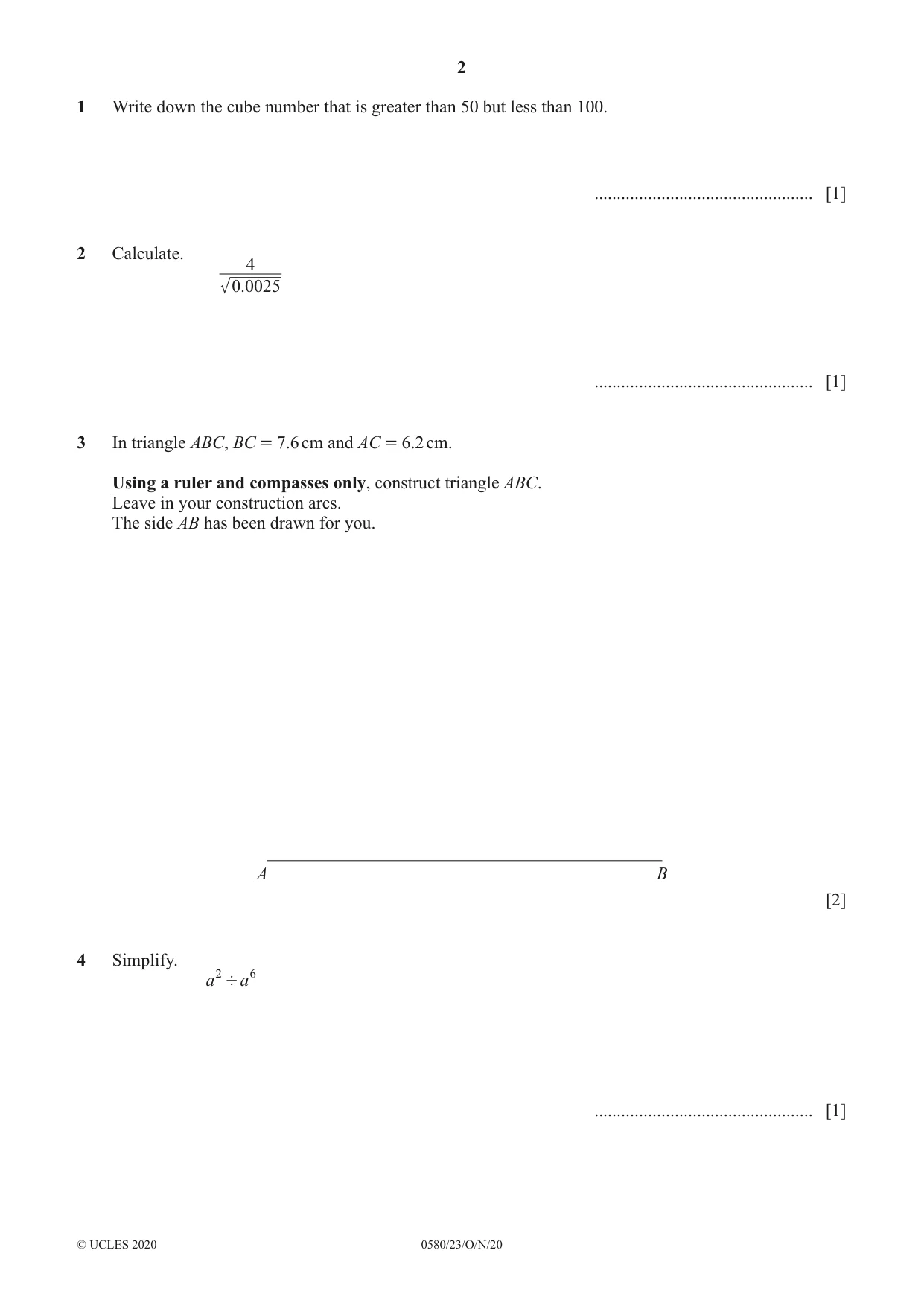 Cambridge IGCSE Mathematics 0580 2020 Oct/Nov Paper 2 · Variant 3 question paper, page 2 of 12