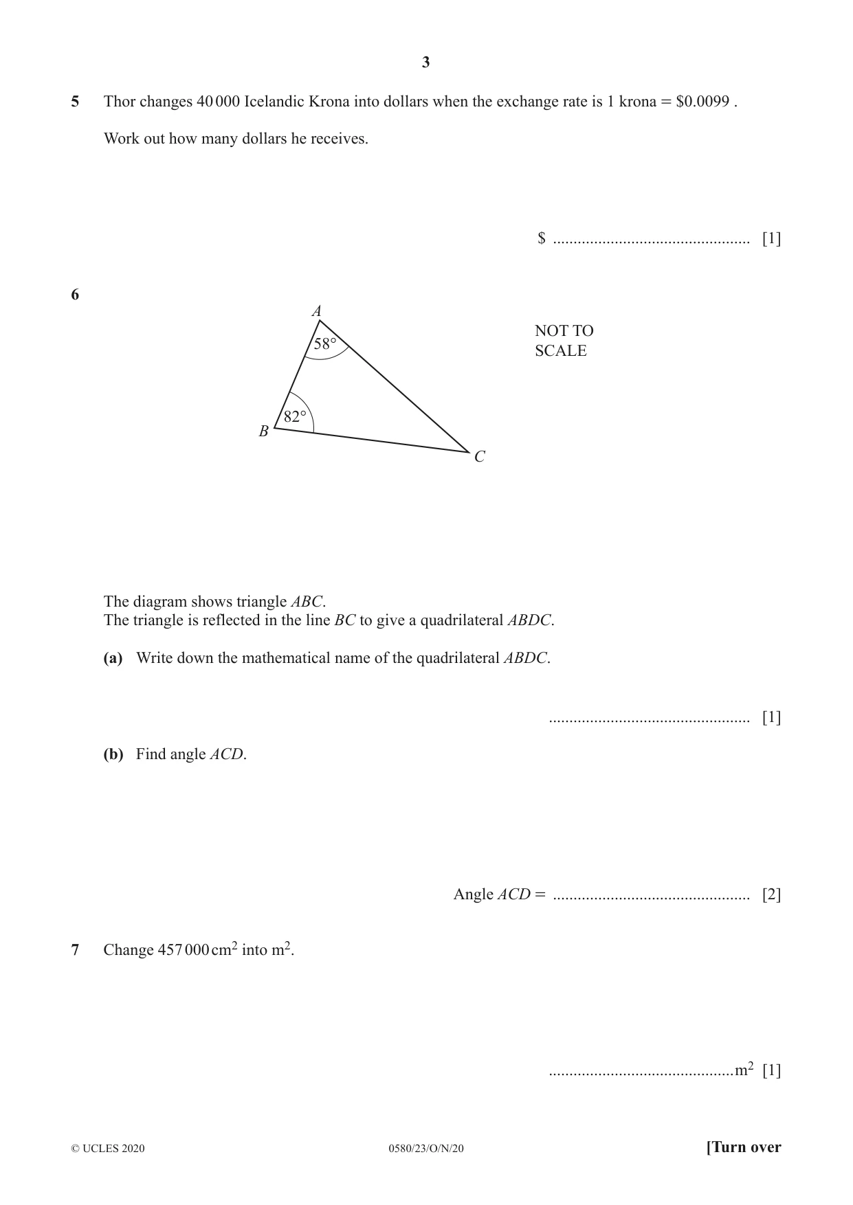 Cambridge IGCSE Mathematics 0580 2020 Oct/Nov Paper 2 · Variant 3 question paper, page 3 of 12
