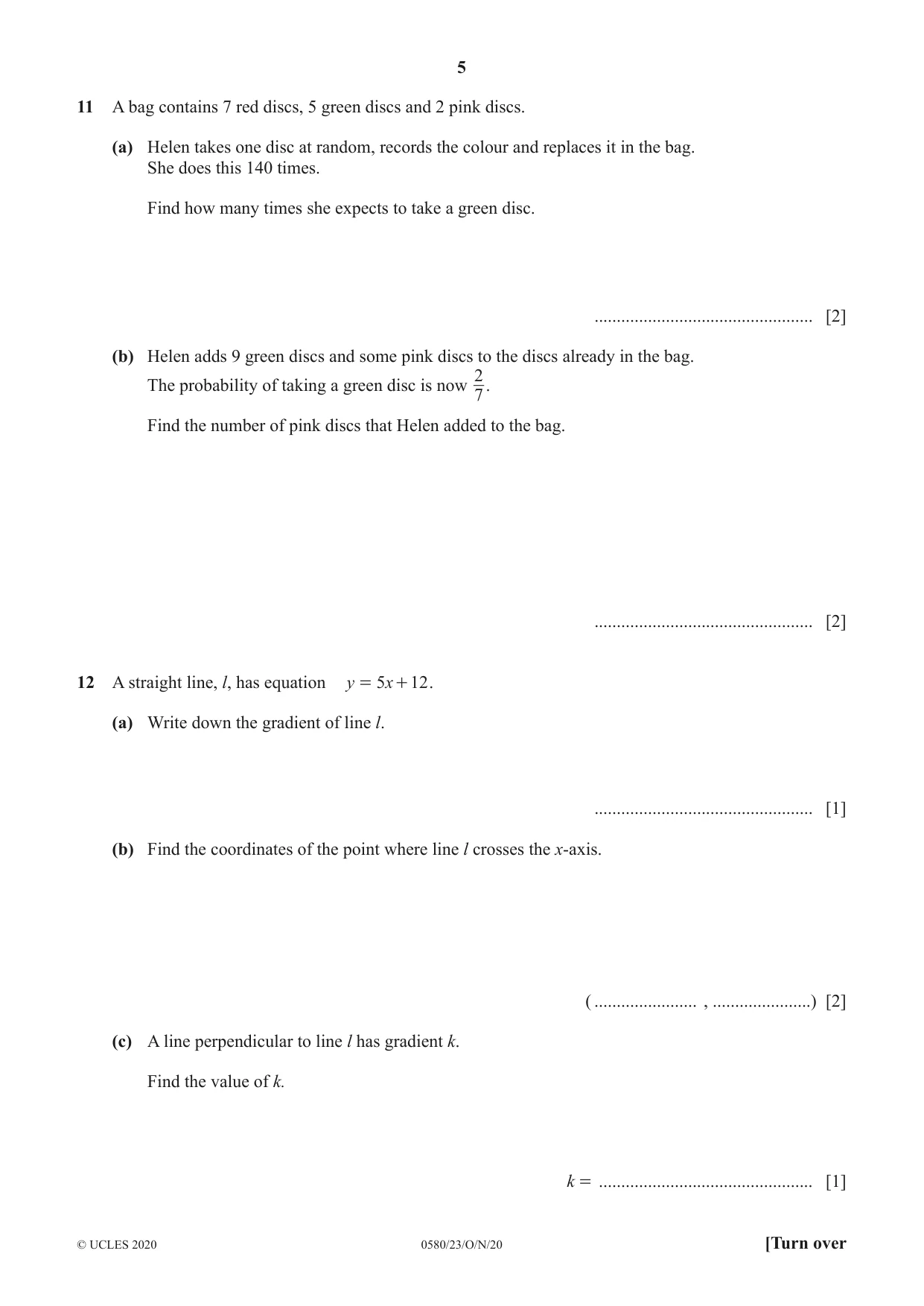 Cambridge IGCSE Mathematics 0580 2020 Oct/Nov Paper 2 · Variant 3 question paper, page 5 of 12