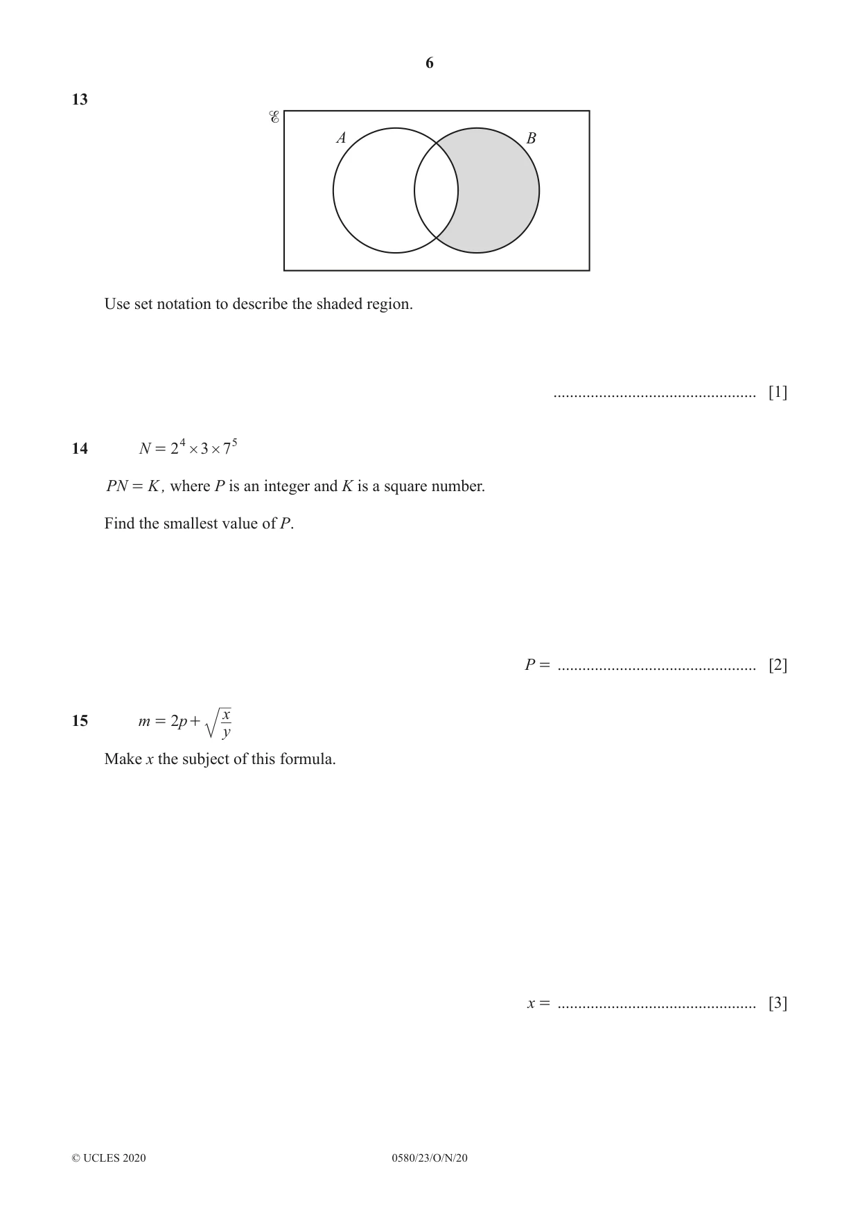 Cambridge IGCSE Mathematics 0580 2020 Oct/Nov Paper 2 · Variant 3 question paper, page 6 of 12