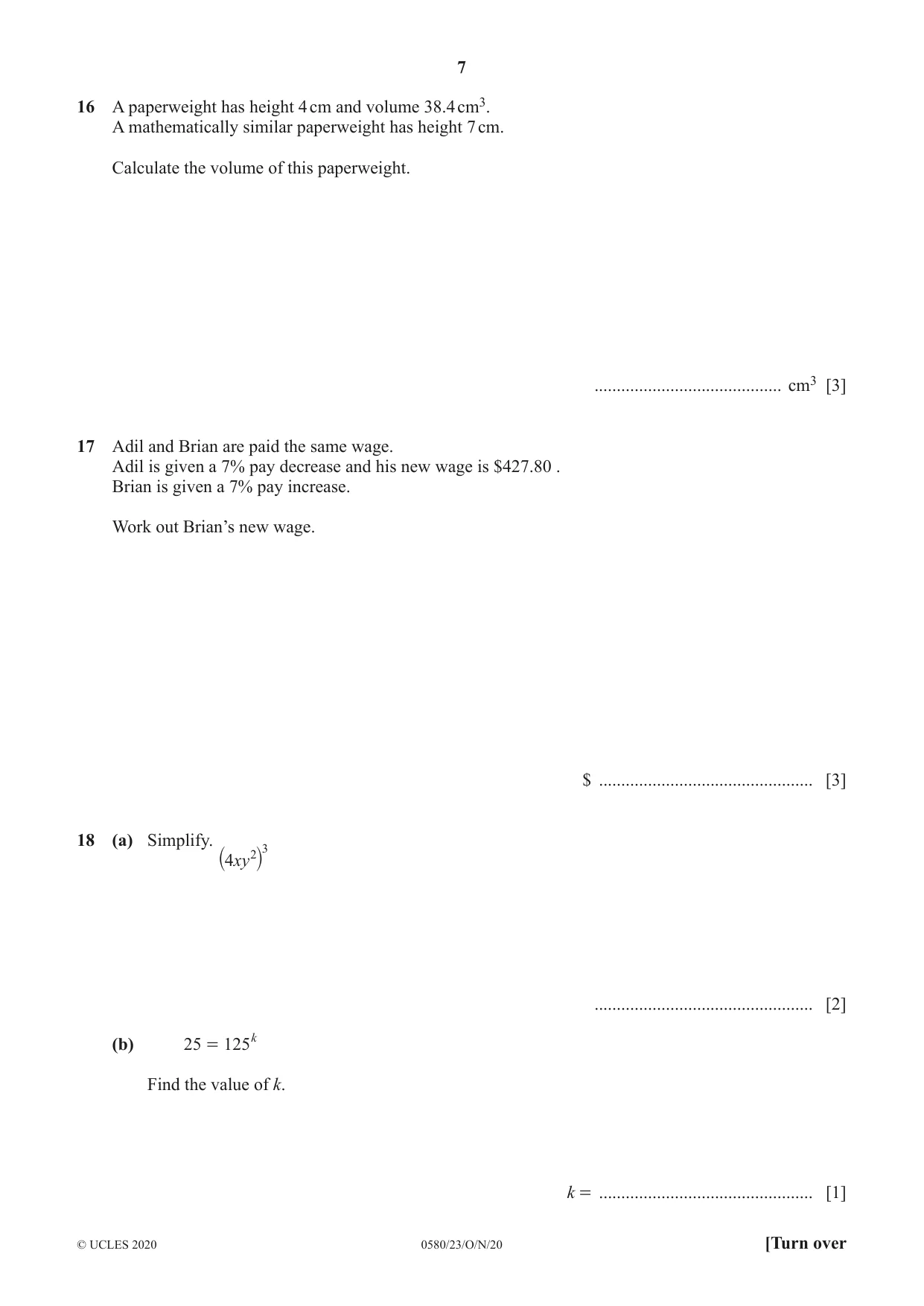 Cambridge IGCSE Mathematics 0580 2020 Oct/Nov Paper 2 · Variant 3 question paper, page 7 of 12