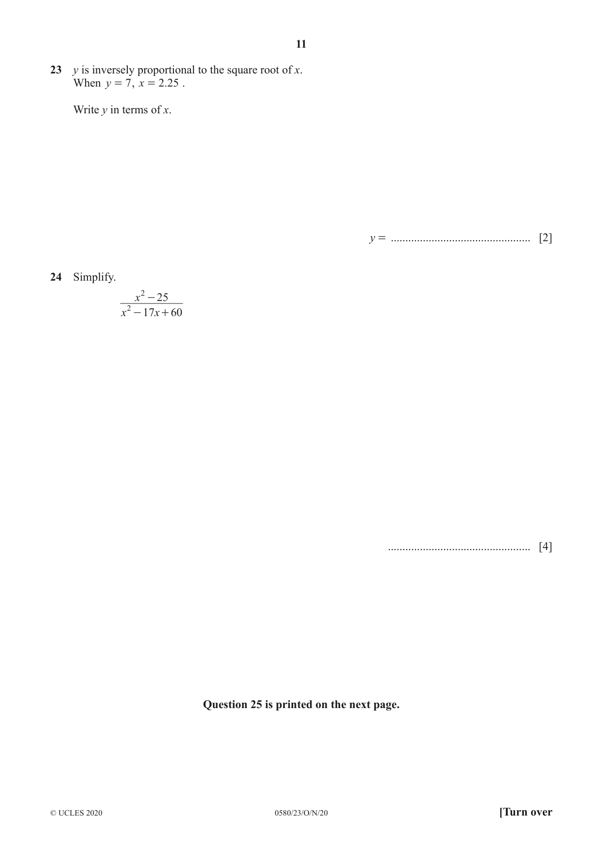 Cambridge IGCSE Mathematics 0580 2020 Oct/Nov Paper 2 · Variant 3 question paper, page 11 of 12