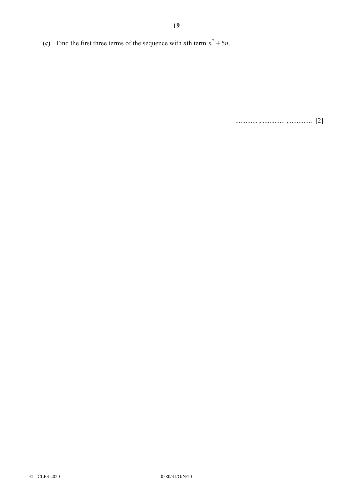 Cambridge IGCSE Mathematics 0580 2020 Oct/Nov Paper 3 · Variant 1 question paper, page 19 of 20