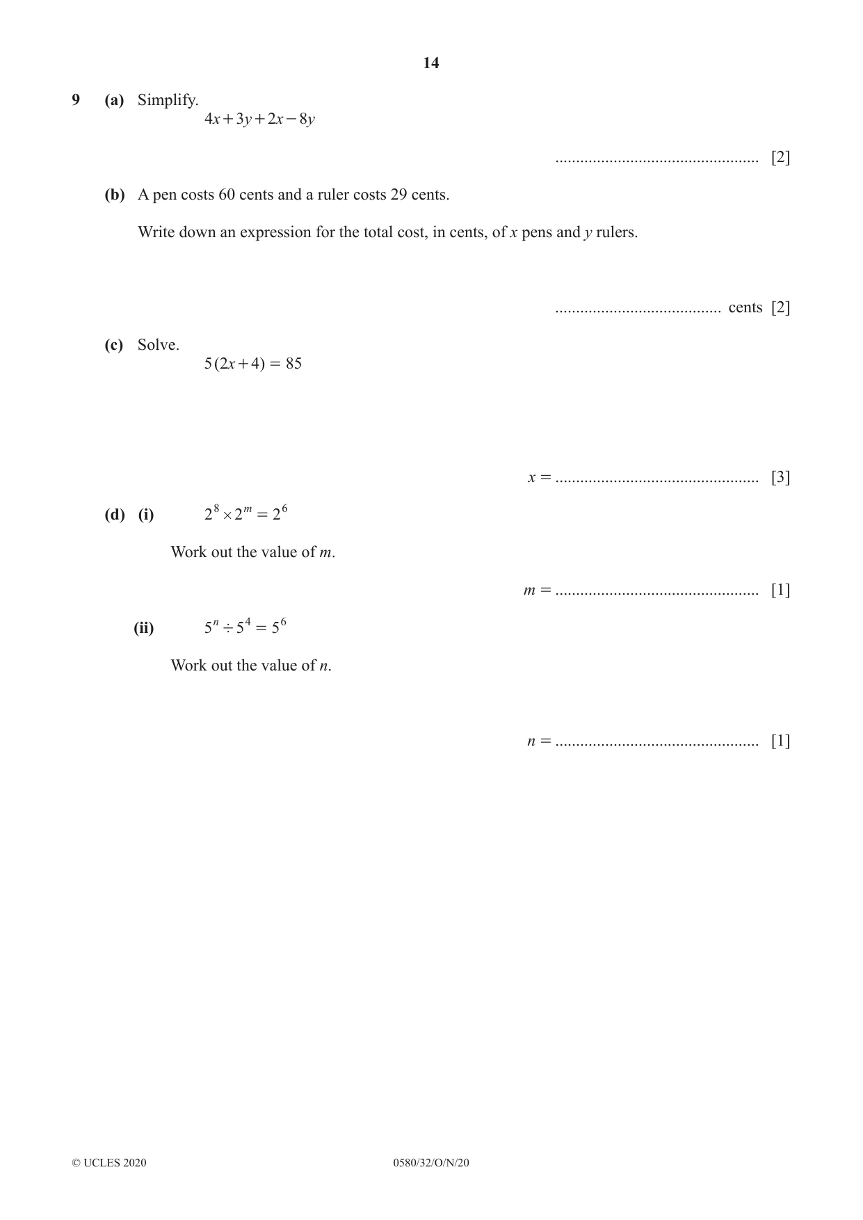 Cambridge IGCSE Mathematics 0580 2020 Oct/Nov Paper 3 · Variant 2 question paper, page 14 of 16