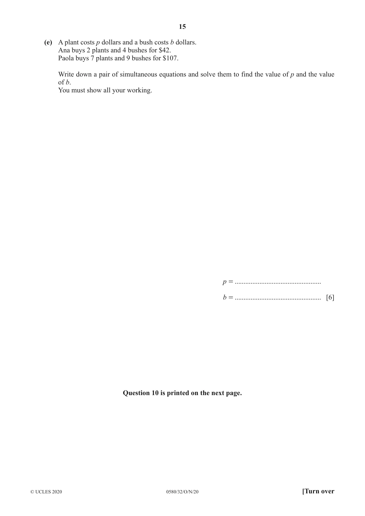 Cambridge IGCSE Mathematics 0580 2020 Oct/Nov Paper 3 · Variant 2 question paper, page 15 of 16