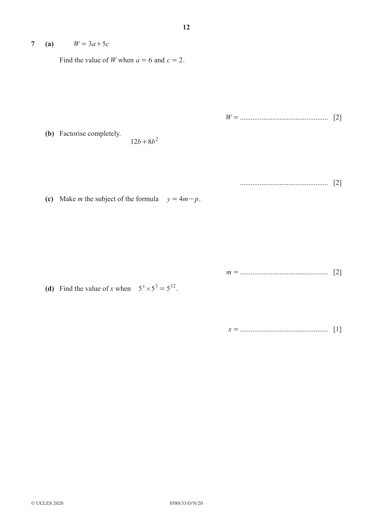 Cambridge IGCSE Mathematics 0580 2020 Oct/Nov Paper 3 · Variant 3 question paper, page 12 of 16