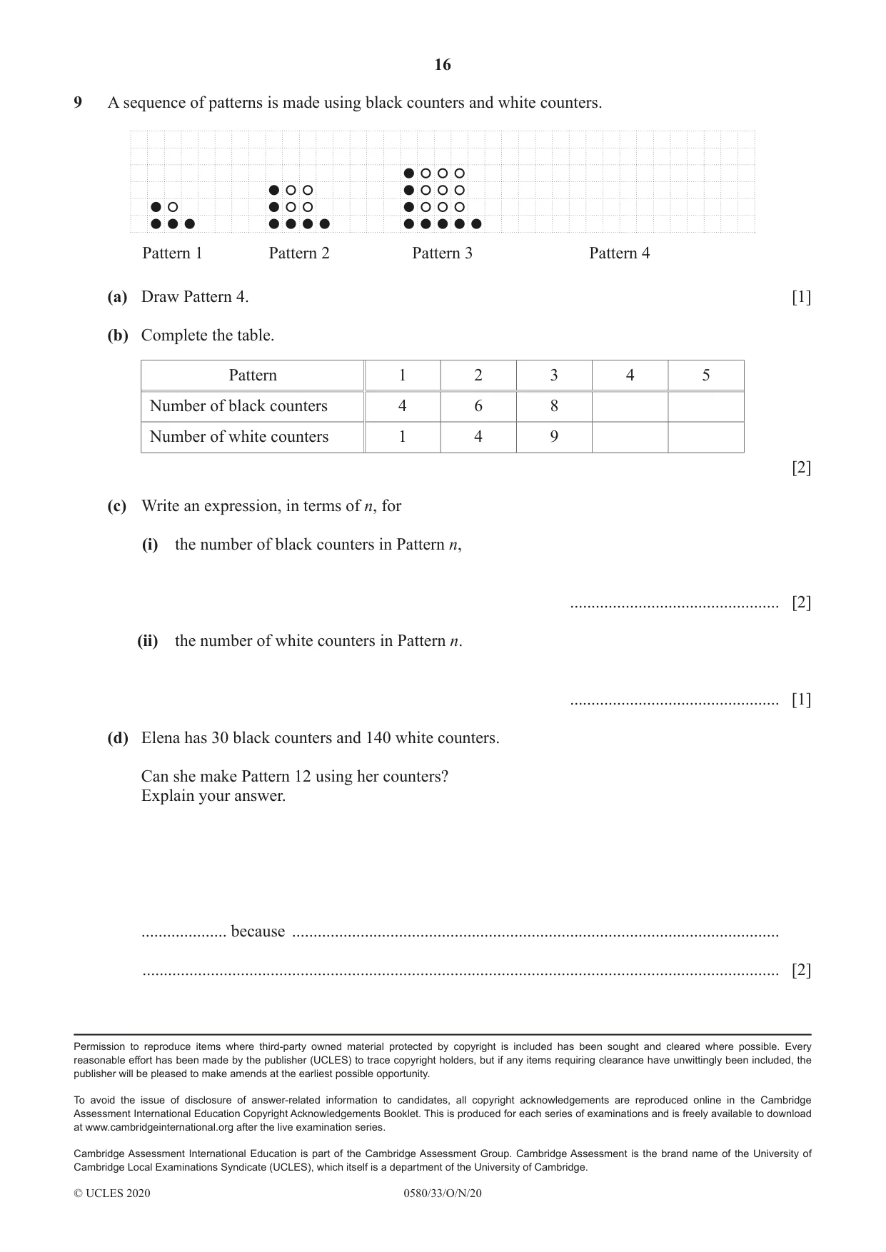 Cambridge IGCSE Mathematics 0580 2020 Oct/Nov Paper 3 · Variant 3 question paper, page 16 of 16