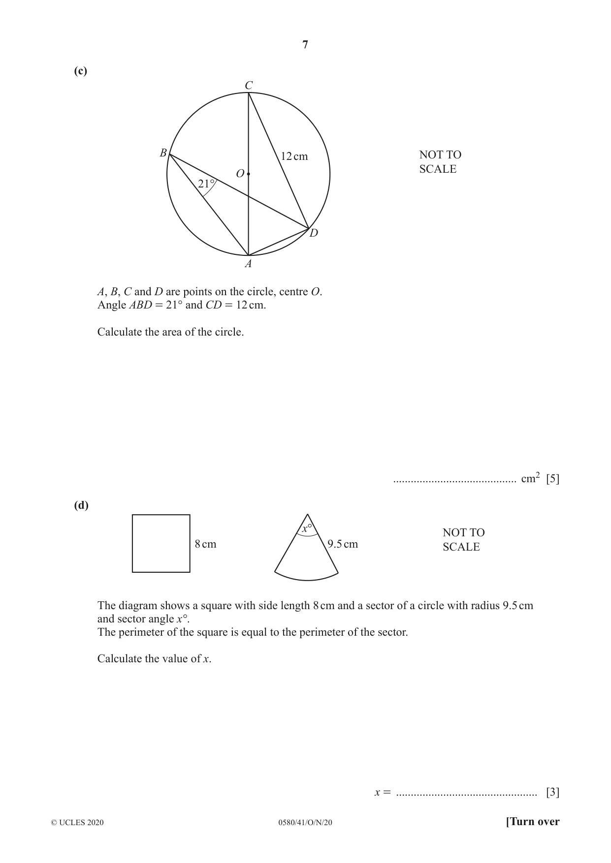 Cambridge IGCSE Mathematics 0580 2020 Oct/Nov Paper 4 · Variant 1 question paper, page 7 of 20