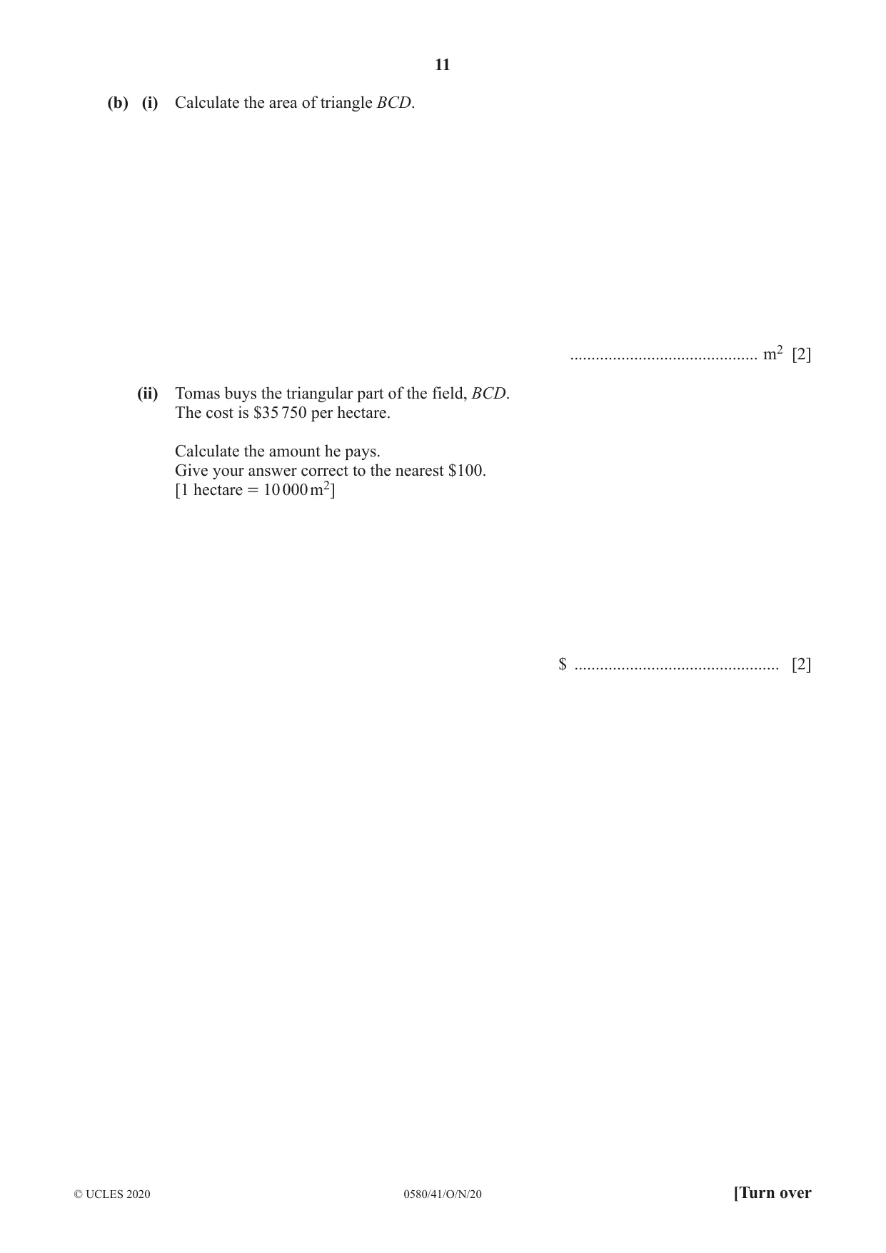 Cambridge IGCSE Mathematics 0580 2020 Oct/Nov Paper 4 · Variant 1 question paper, page 11 of 20