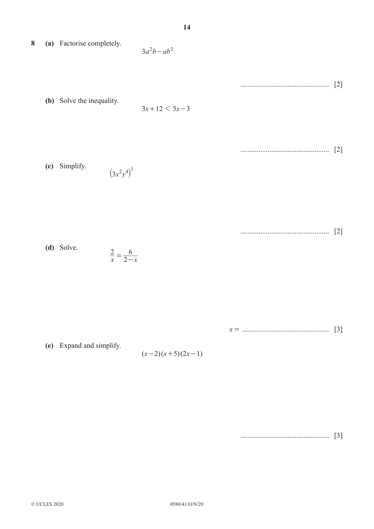 Cambridge IGCSE Mathematics 0580 2020 Oct/Nov Paper 4 · Variant 1 question paper, page 14 of 20