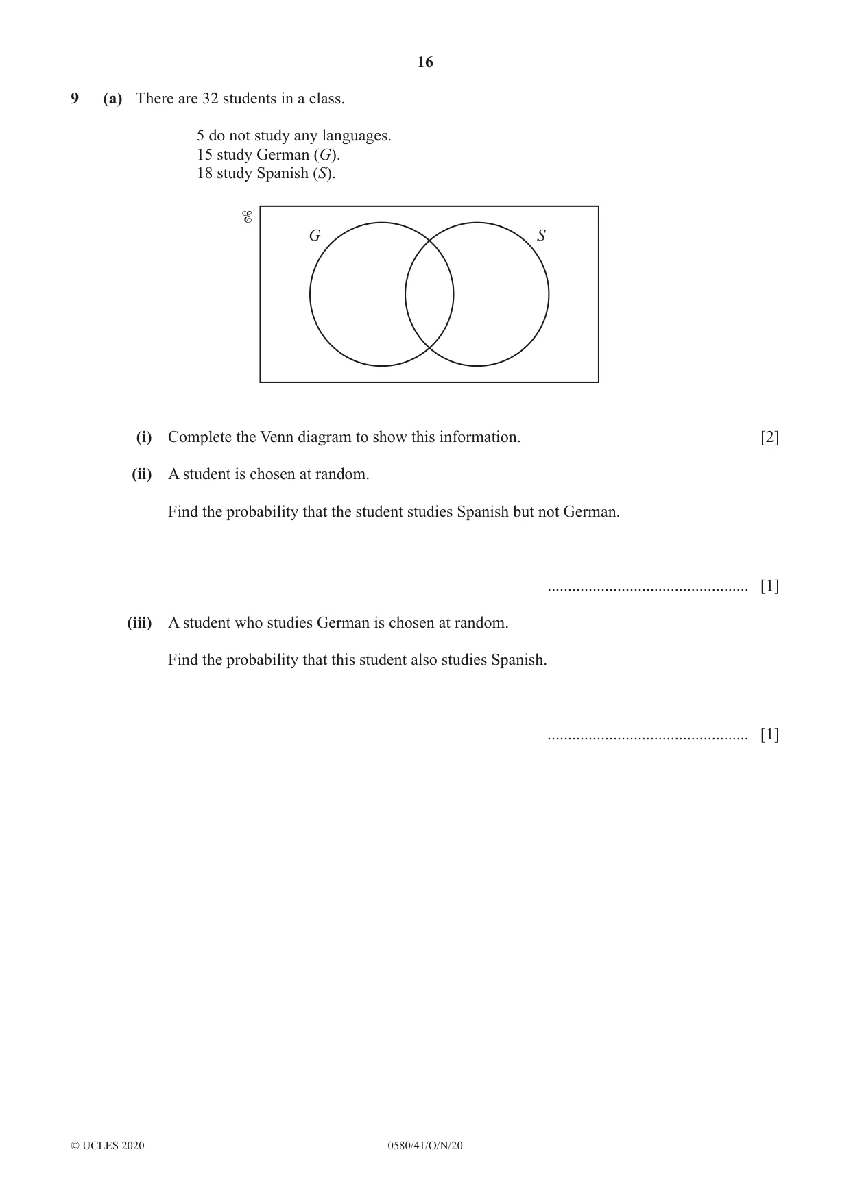 Cambridge IGCSE Mathematics 0580 2020 Oct/Nov Paper 4 · Variant 1 question paper, page 16 of 20