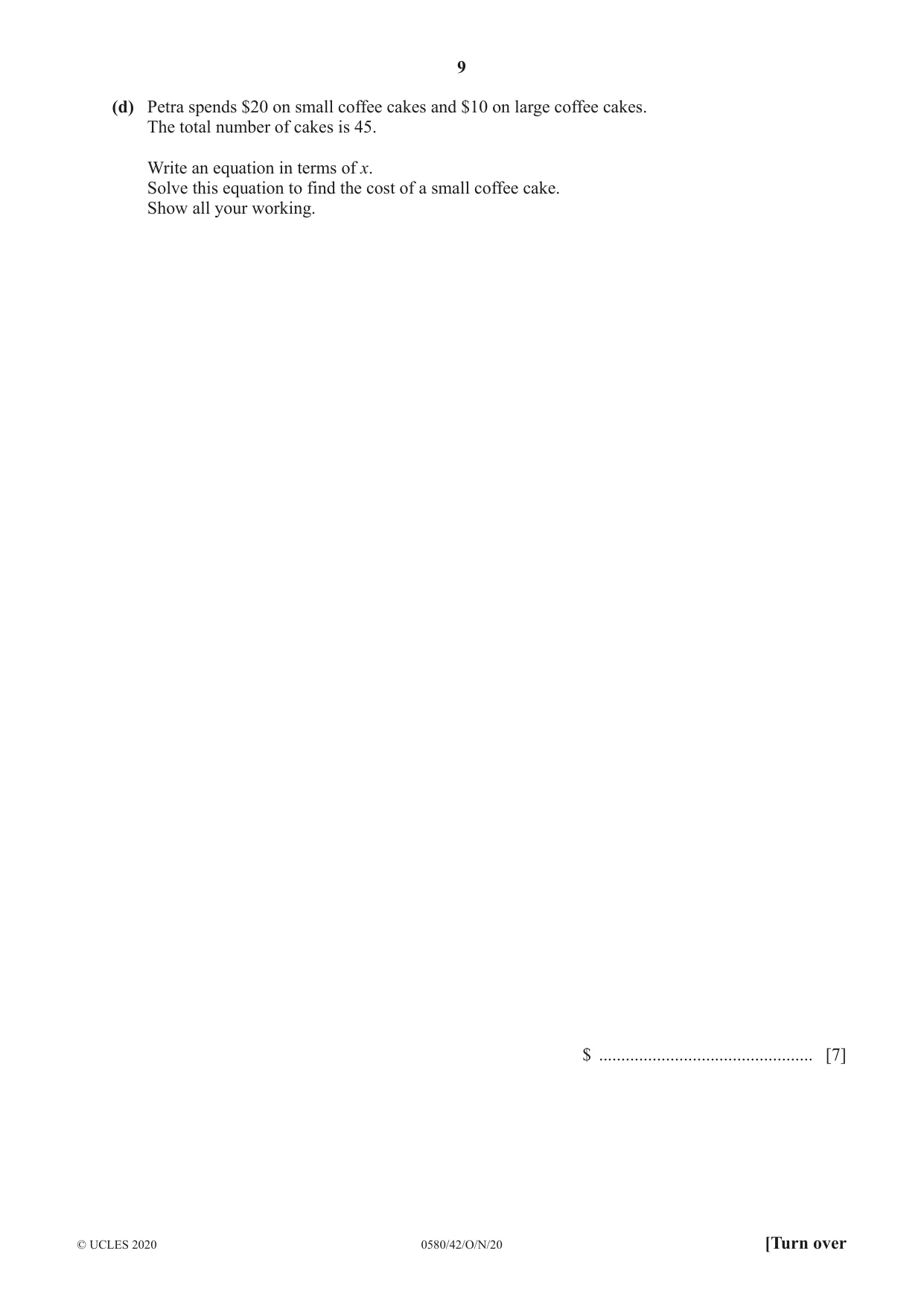 Cambridge IGCSE Mathematics 0580 2020 Oct/Nov Paper 4 · Variant 2 question paper, page 9 of 20
