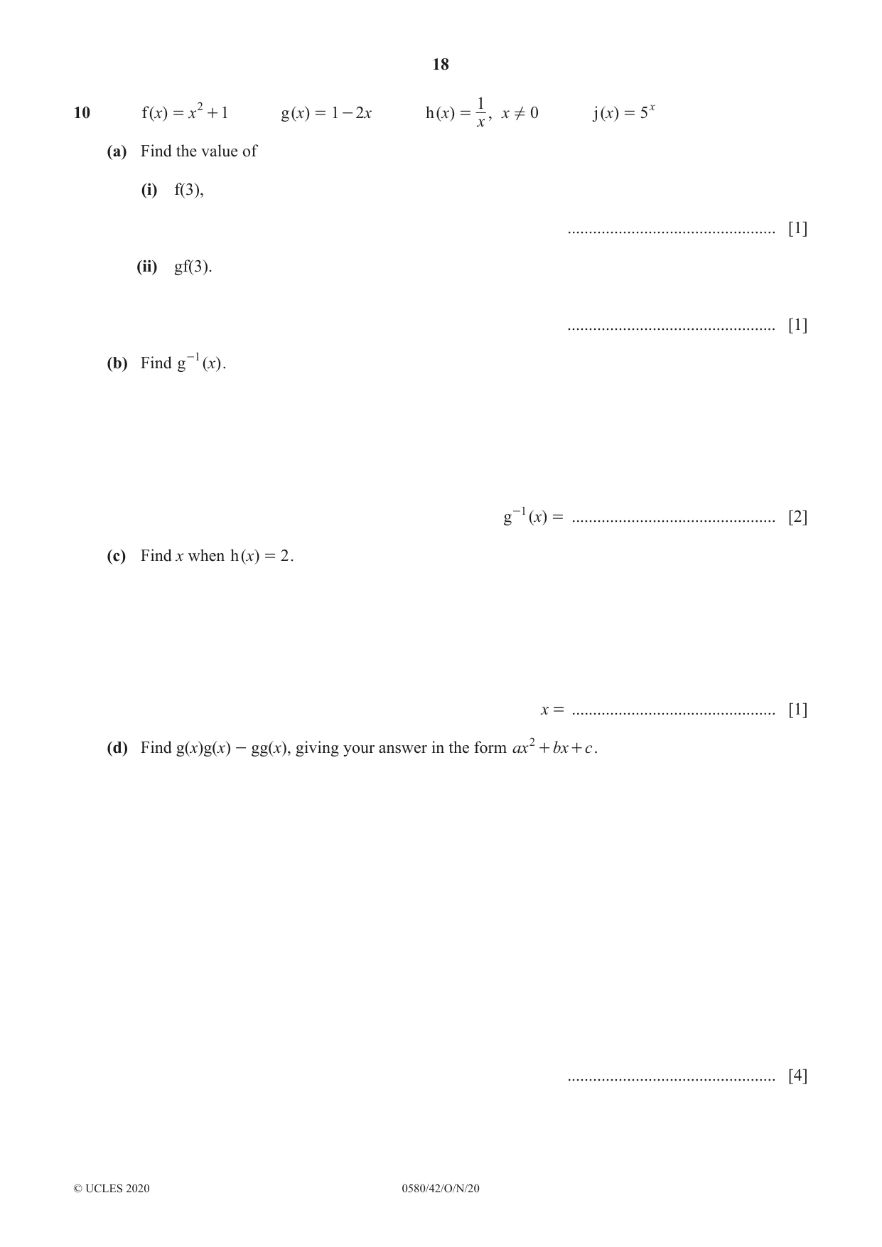 Cambridge IGCSE Mathematics 0580 2020 Oct/Nov Paper 4 · Variant 2 question paper, page 18 of 20