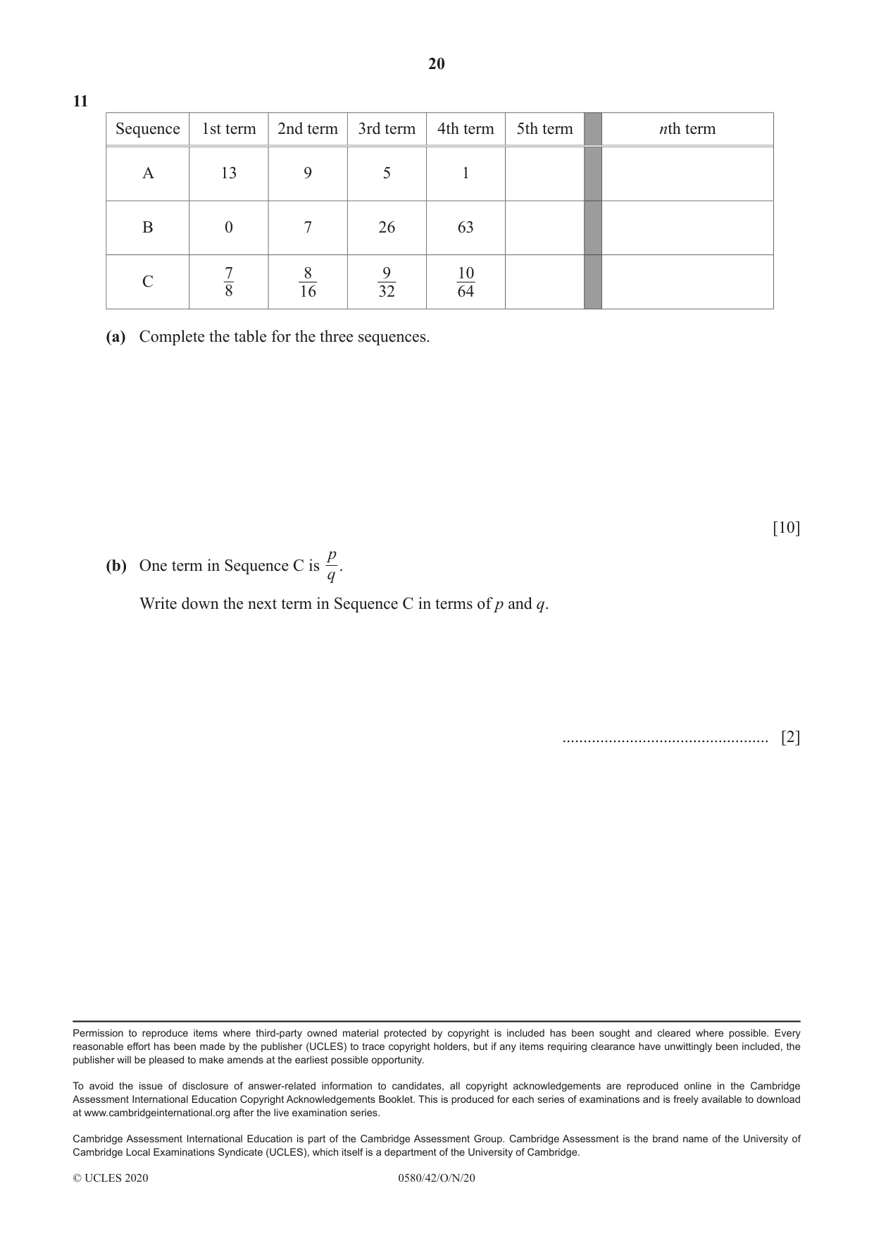 Cambridge IGCSE Mathematics 0580 2020 Oct/Nov Paper 4 · Variant 2 question paper, page 20 of 20