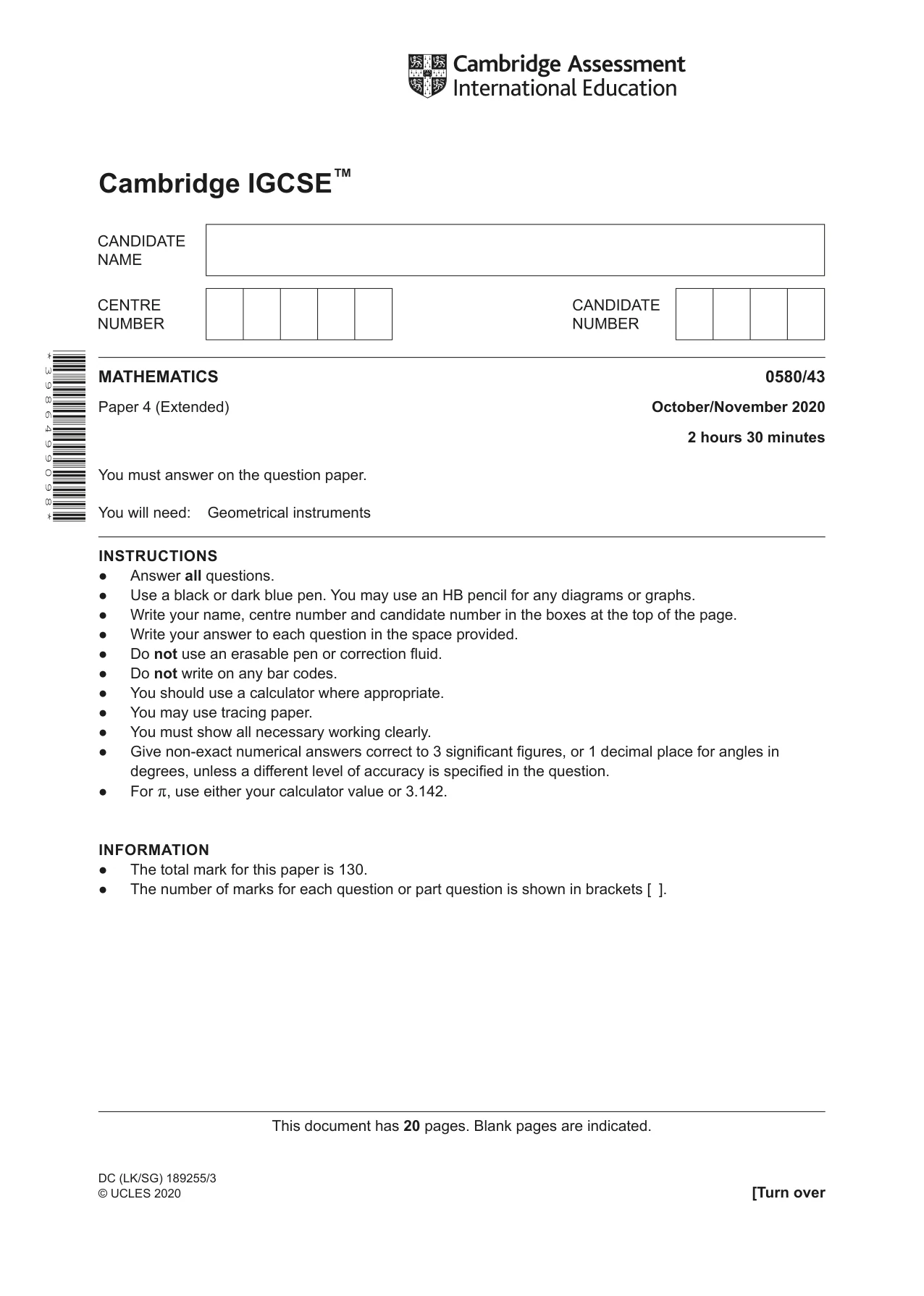 Cambridge IGCSE Mathematics 0580 2020 Oct/Nov Paper 4 · Variant 3 question paper, page 1 of 20