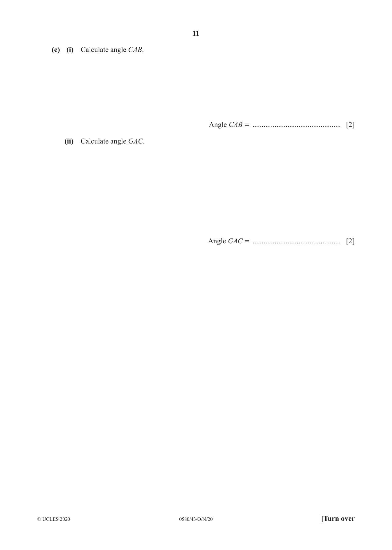 Cambridge IGCSE Mathematics 0580 2020 Oct/Nov Paper 4 · Variant 3 question paper, page 11 of 20