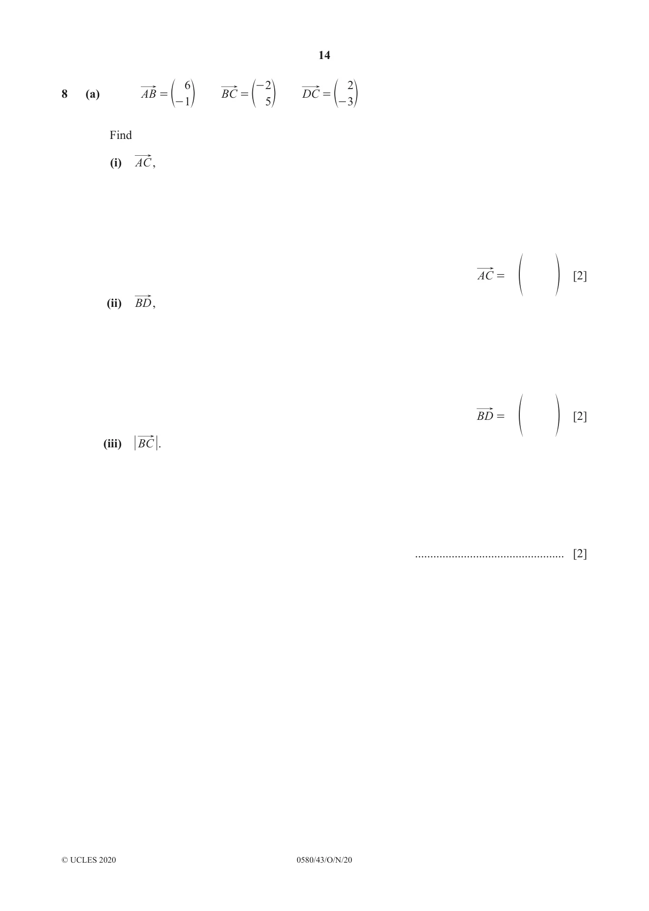 Cambridge IGCSE Mathematics 0580 2020 Oct/Nov Paper 4 · Variant 3 question paper, page 14 of 20