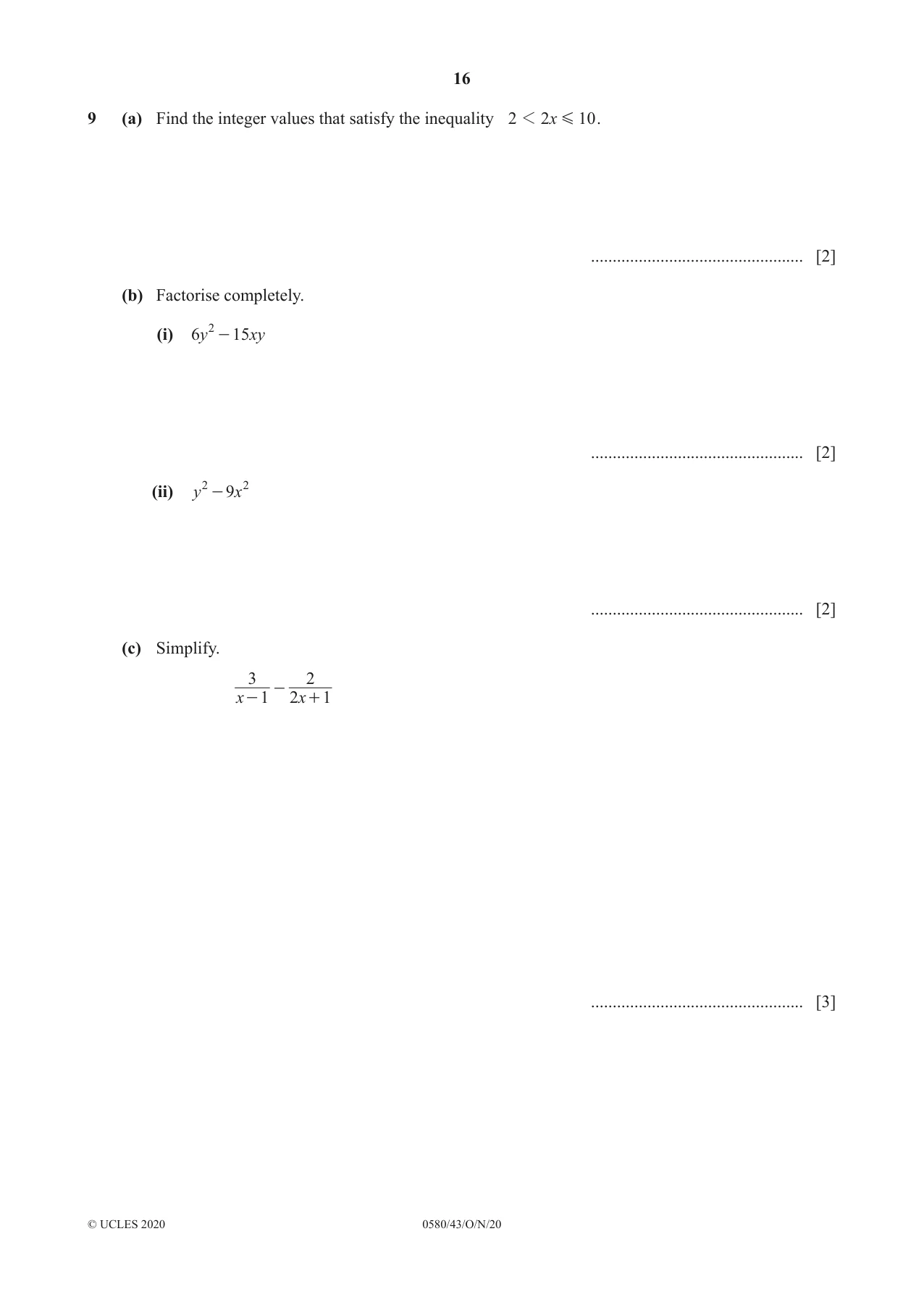 Cambridge IGCSE Mathematics 0580 2020 Oct/Nov Paper 4 · Variant 3 question paper, page 16 of 20
