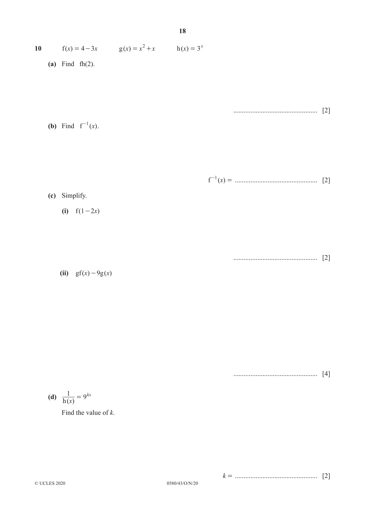Cambridge IGCSE Mathematics 0580 2020 Oct/Nov Paper 4 · Variant 3 question paper, page 18 of 20