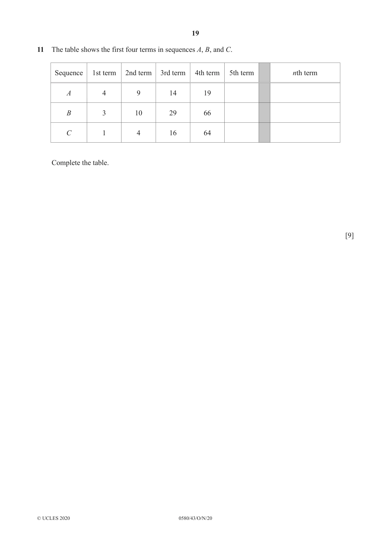 Cambridge IGCSE Mathematics 0580 2020 Oct/Nov Paper 4 · Variant 3 question paper, page 19 of 20