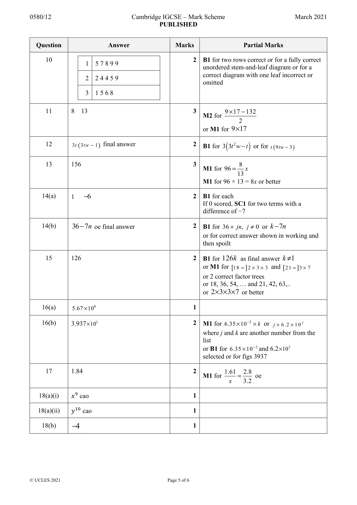 Mark scheme, page 5 of 6