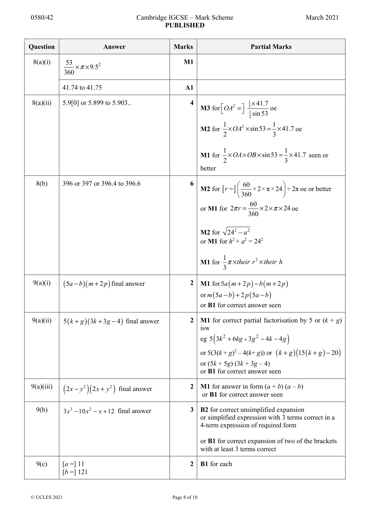 Mark scheme, page 8 of 10