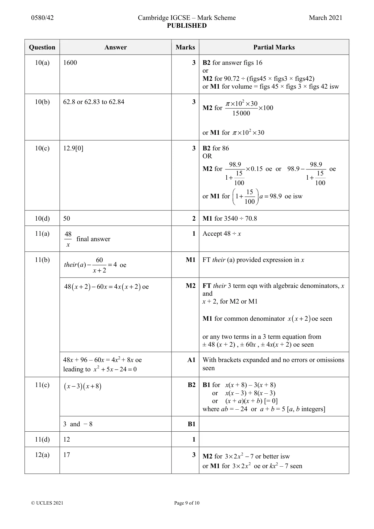 Mark scheme, page 9 of 10